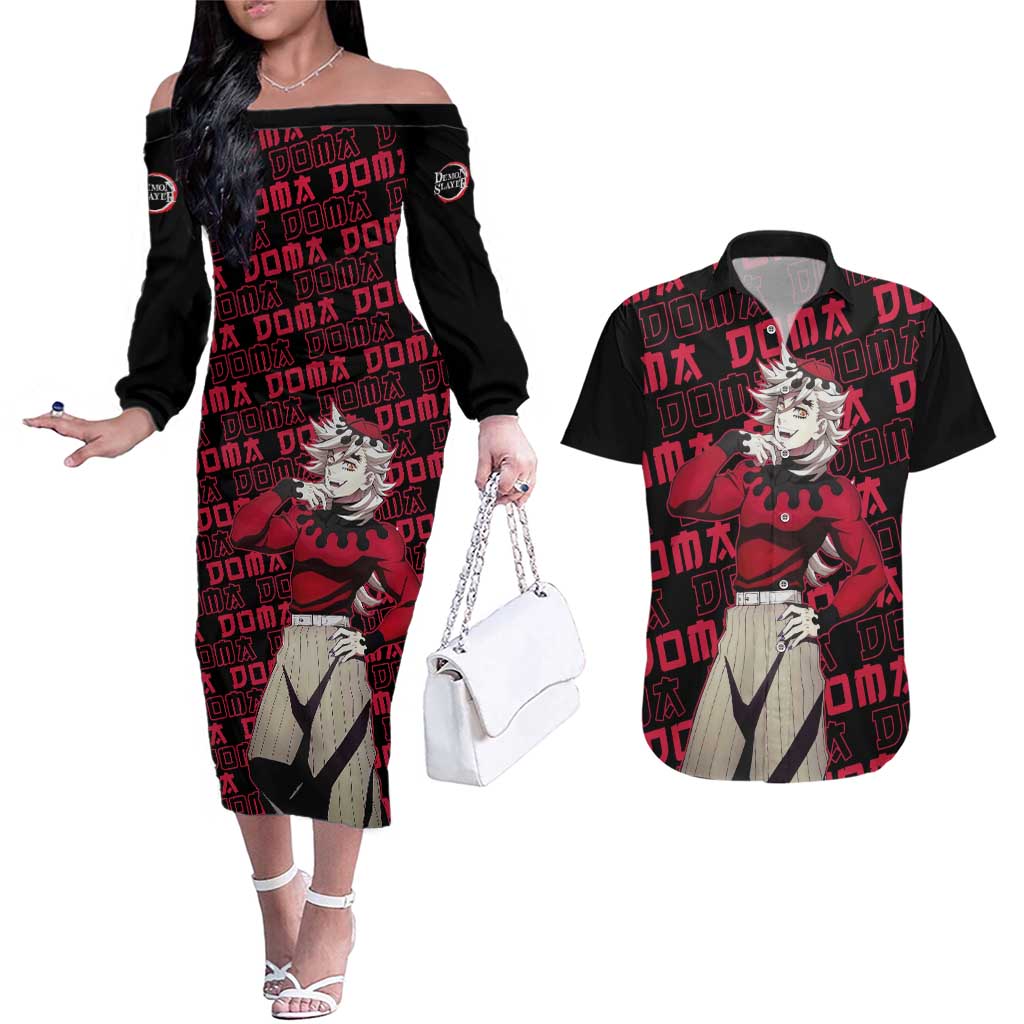 Doma - Demon Slayer Couples Matching Off The Shoulder Long Sleeve Dress and Hawaiian Shirt Anime Mix Pattern Style