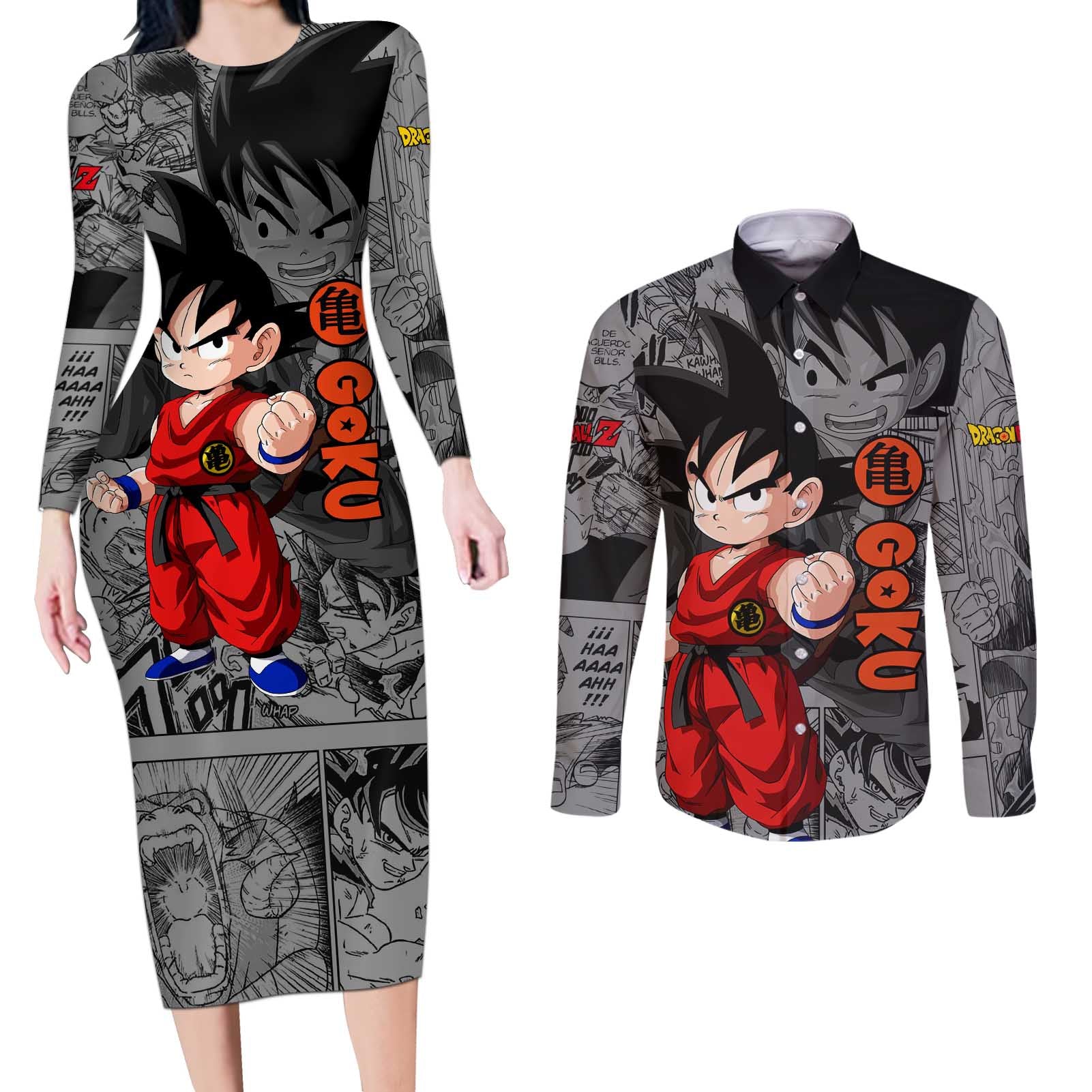 Goku Kid - Dragon Ball Couples Matching Long Sleeve Bodycon Dress and Long Sleeve Button Shirt Anime Mix Manga Style