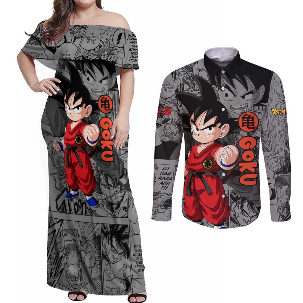 Goku Kid - Dragon Ball Couples Matching Off Shoulder Maxi Dress and Long Sleeve Button Shirt Anime Mix Manga Style