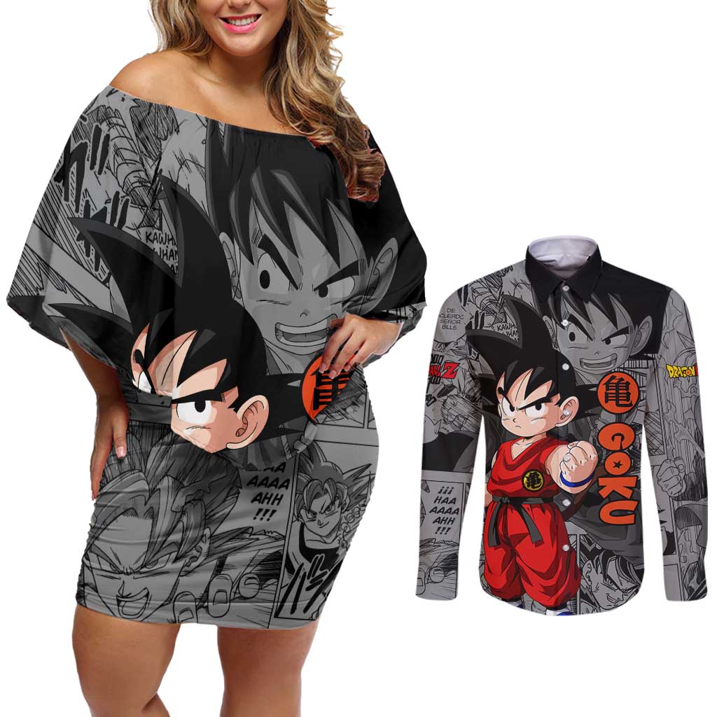 Goku Kid - Dragon Ball Couples Matching Off Shoulder Short Dress and Long Sleeve Button Shirt Anime Mix Manga Style