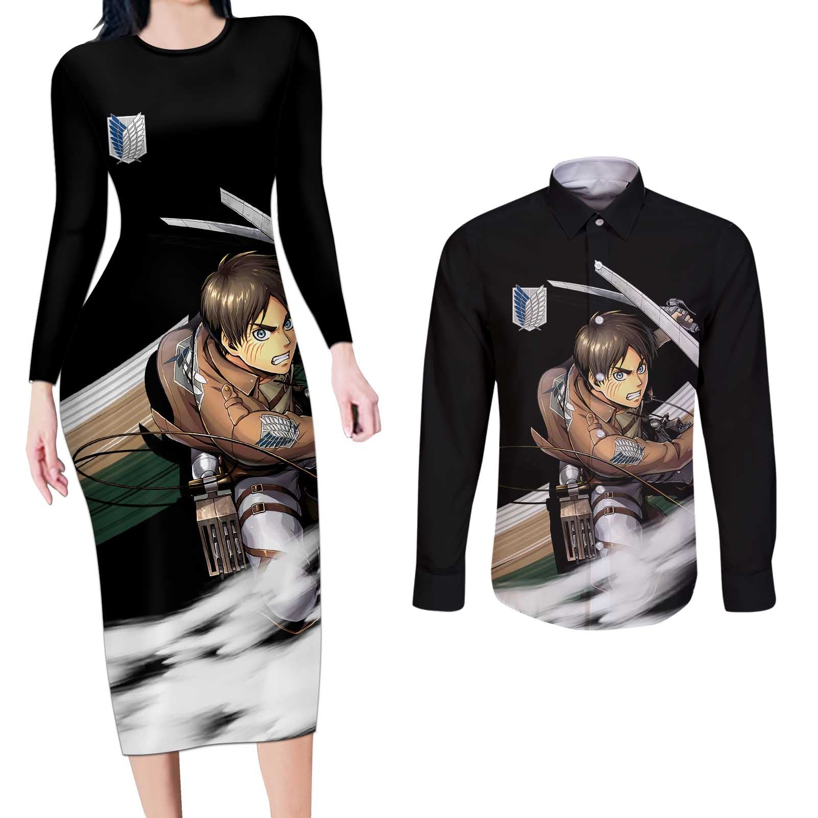 Eren Yeager - Attack On Titan Couples Matching Long Sleeve Bodycon Dress and Long Sleeve Button Shirt Anime Style