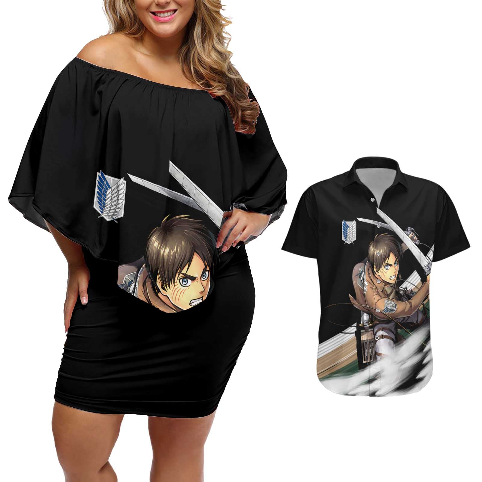 Eren Yeager - Attack On Titan Couples Matching Off Shoulder Short Dress and Hawaiian Shirt Anime Style