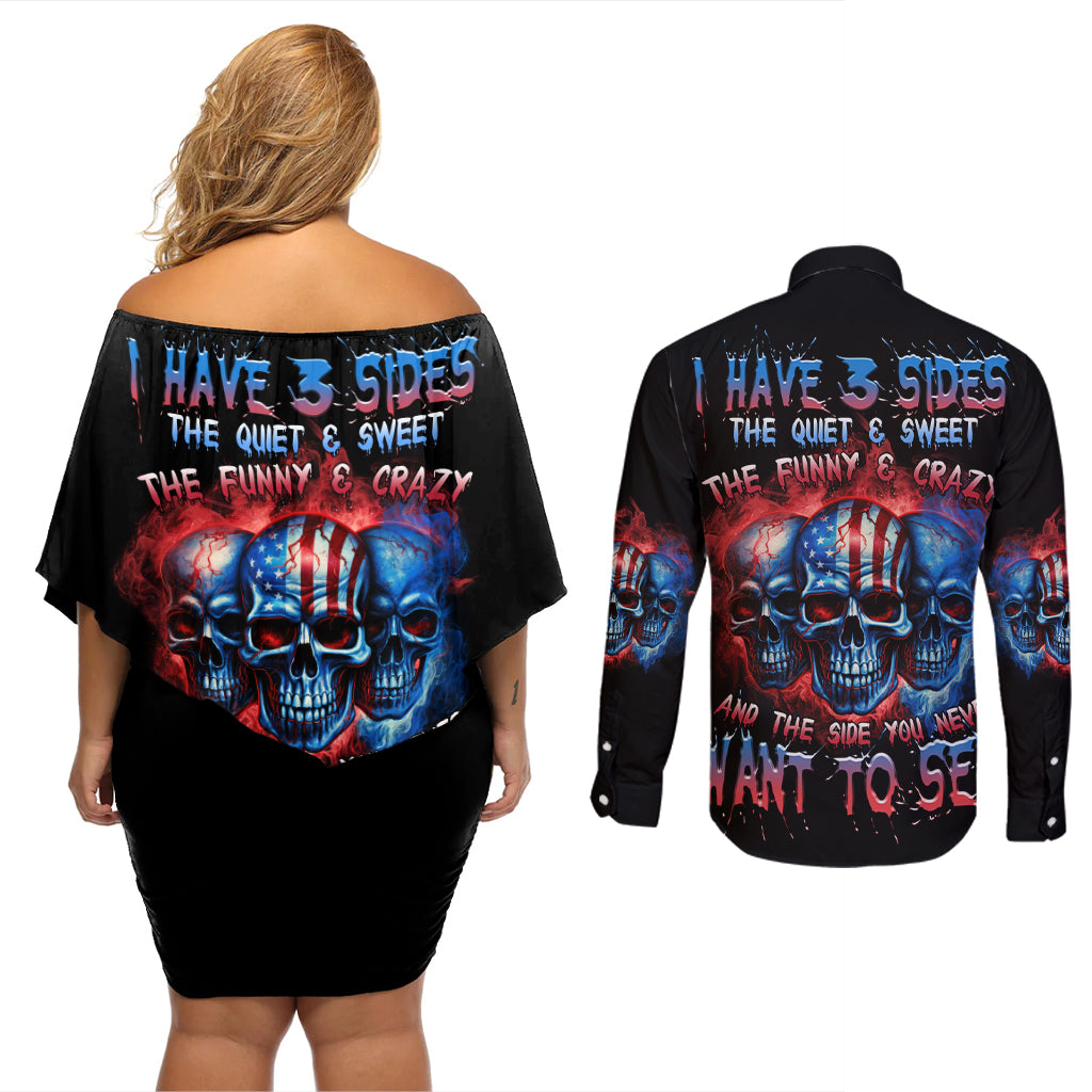 i-have-3-sides-3-skulls-couples-matching-off-shoulder-short-dress-and-long-sleeve-button-shirt