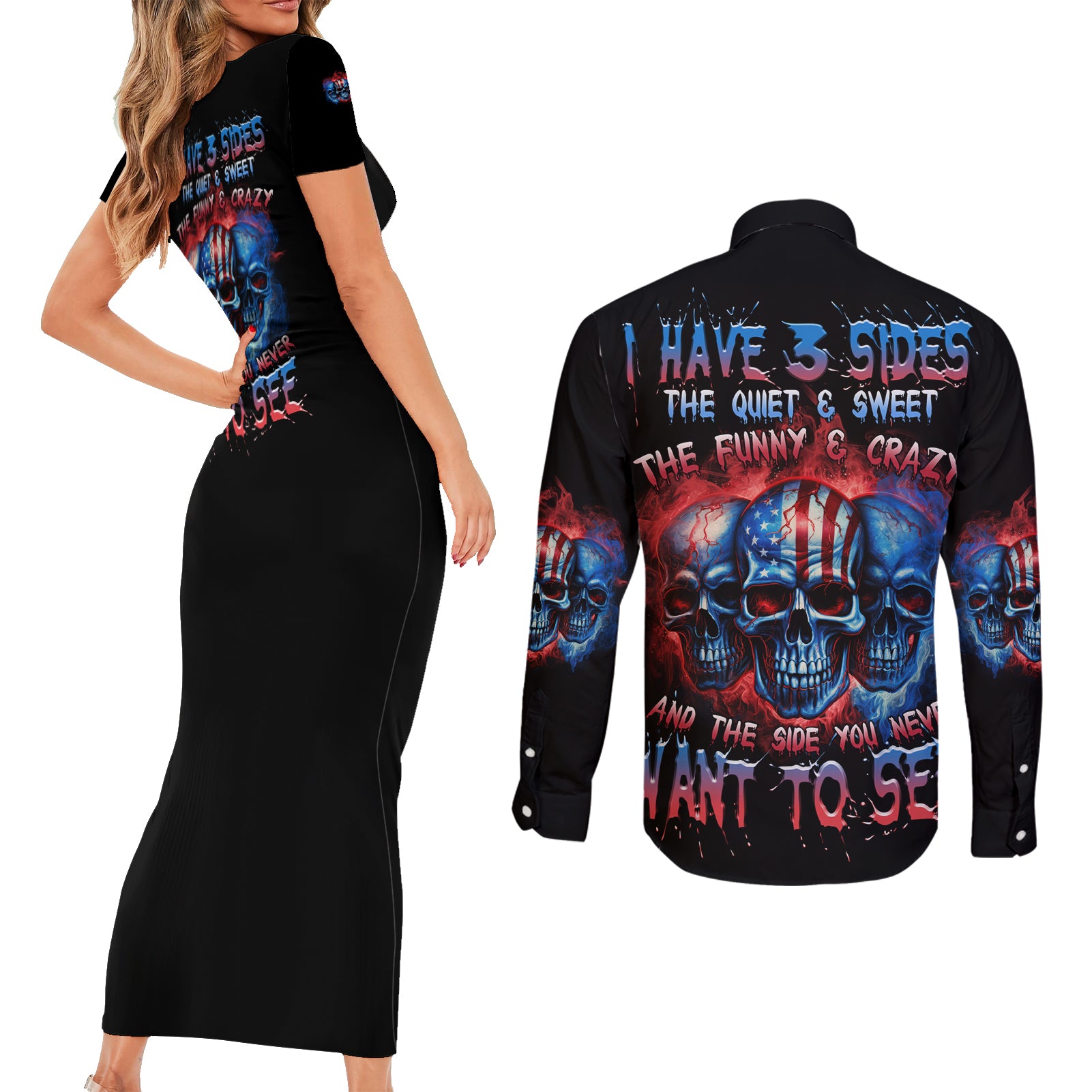 i-have-3-sides-3-skulls-couples-matching-short-sleeve-bodycon-dress-and-long-sleeve-button-shirt