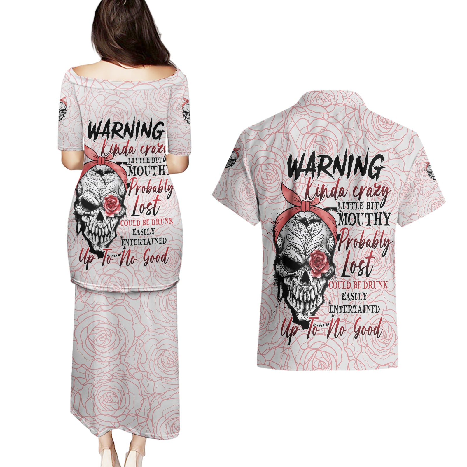 warning-kinda-crazy-tattooed-girl-rose-couples-matching-puletasi-dress-and-hawaiian-shirt