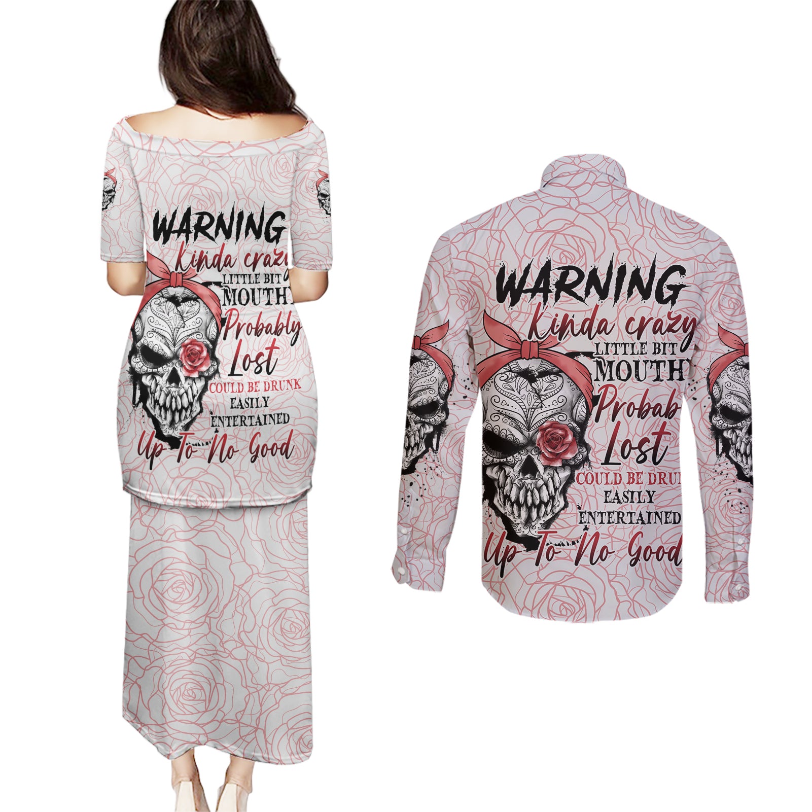 warning-kinda-crazy-tattooed-girl-rose-couples-matching-puletasi-dress-and-long-sleeve-button-shirt