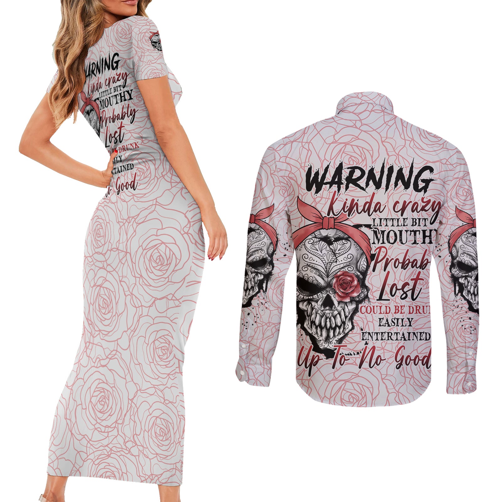 warning-kinda-crazy-tattooed-girl-rose-couples-matching-short-sleeve-bodycon-dress-and-long-sleeve-button-shirt