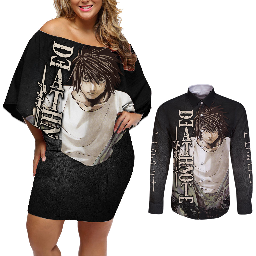 L Lawliet - Death Note Couples Matching Off Shoulder Short Dress and Long Sleeve Button Shirt