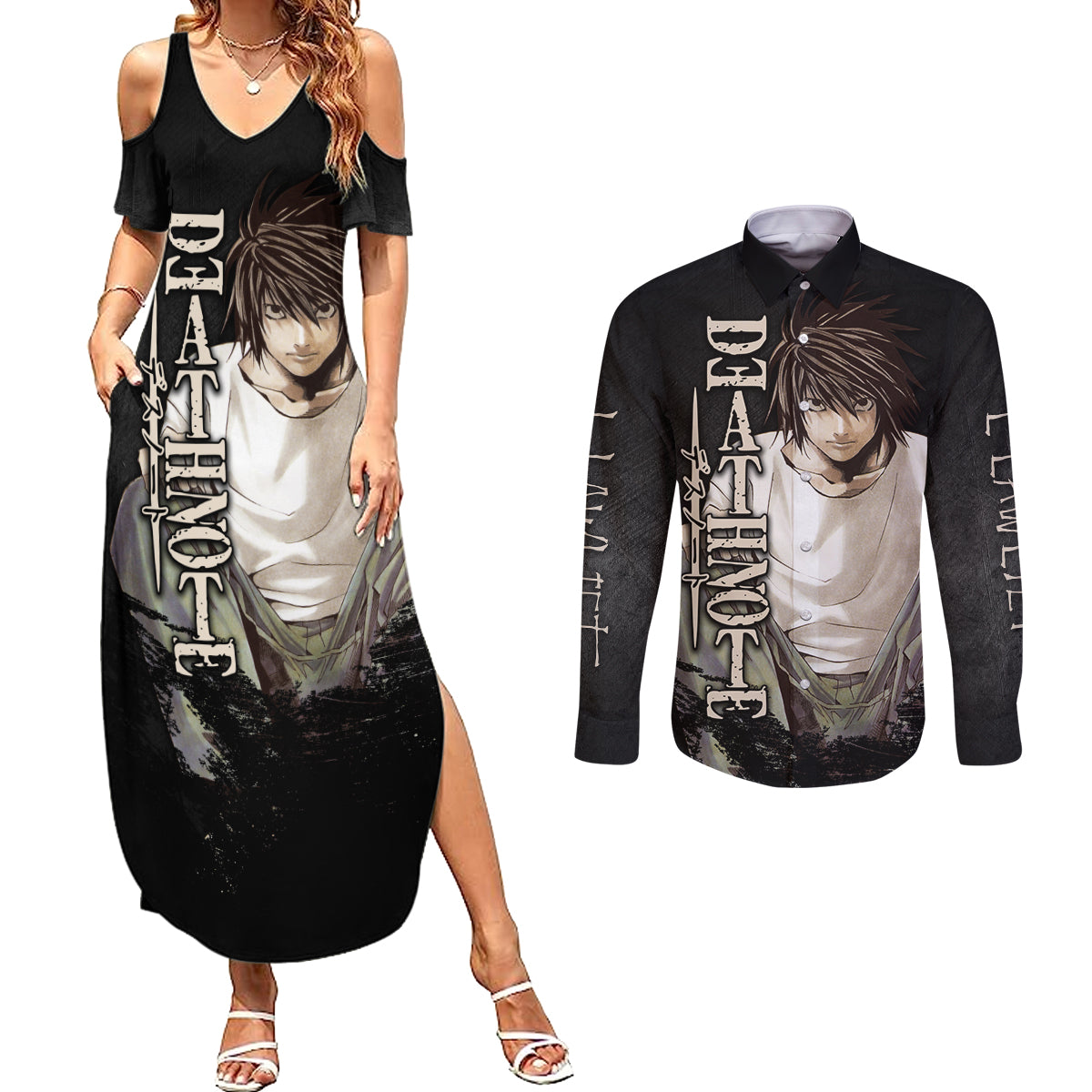 L Lawliet - Death Note Couples Matching Summer Maxi Dress and Long Sleeve Button Shirt