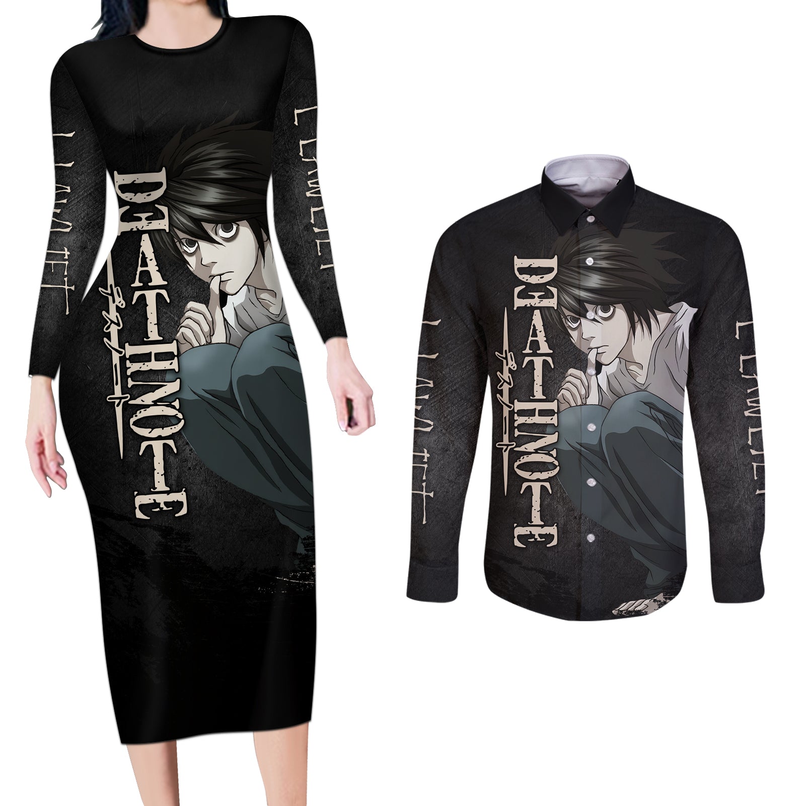 L Lawliet - Death Note Couples Matching Long Sleeve Bodycon Dress and Long Sleeve Button Shirt