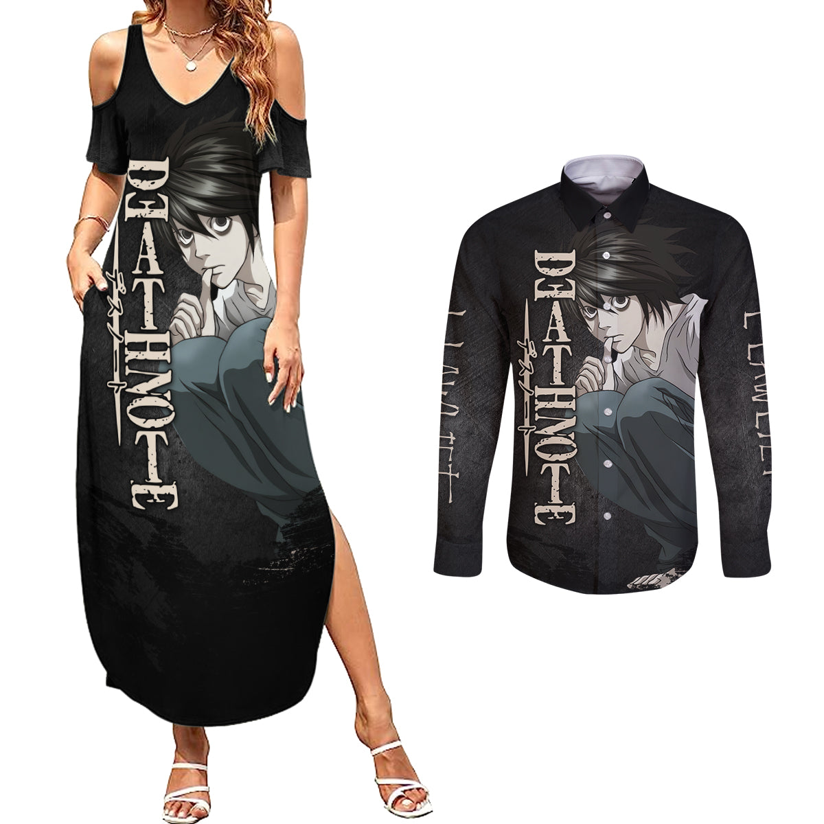 L Lawliet - Death Note Couples Matching Summer Maxi Dress and Long Sleeve Button Shirt