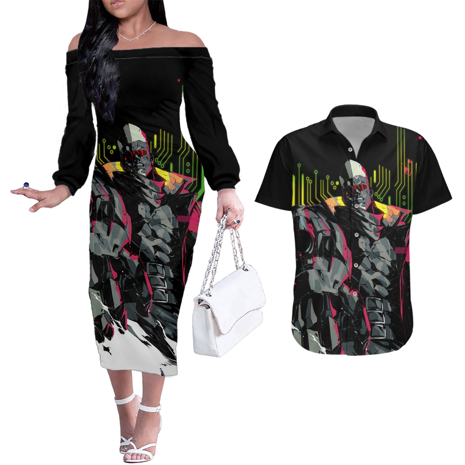 Maine Cyberpunk Couples Matching Off The Shoulder Long Sleeve Dress and Hawaiian Shirt