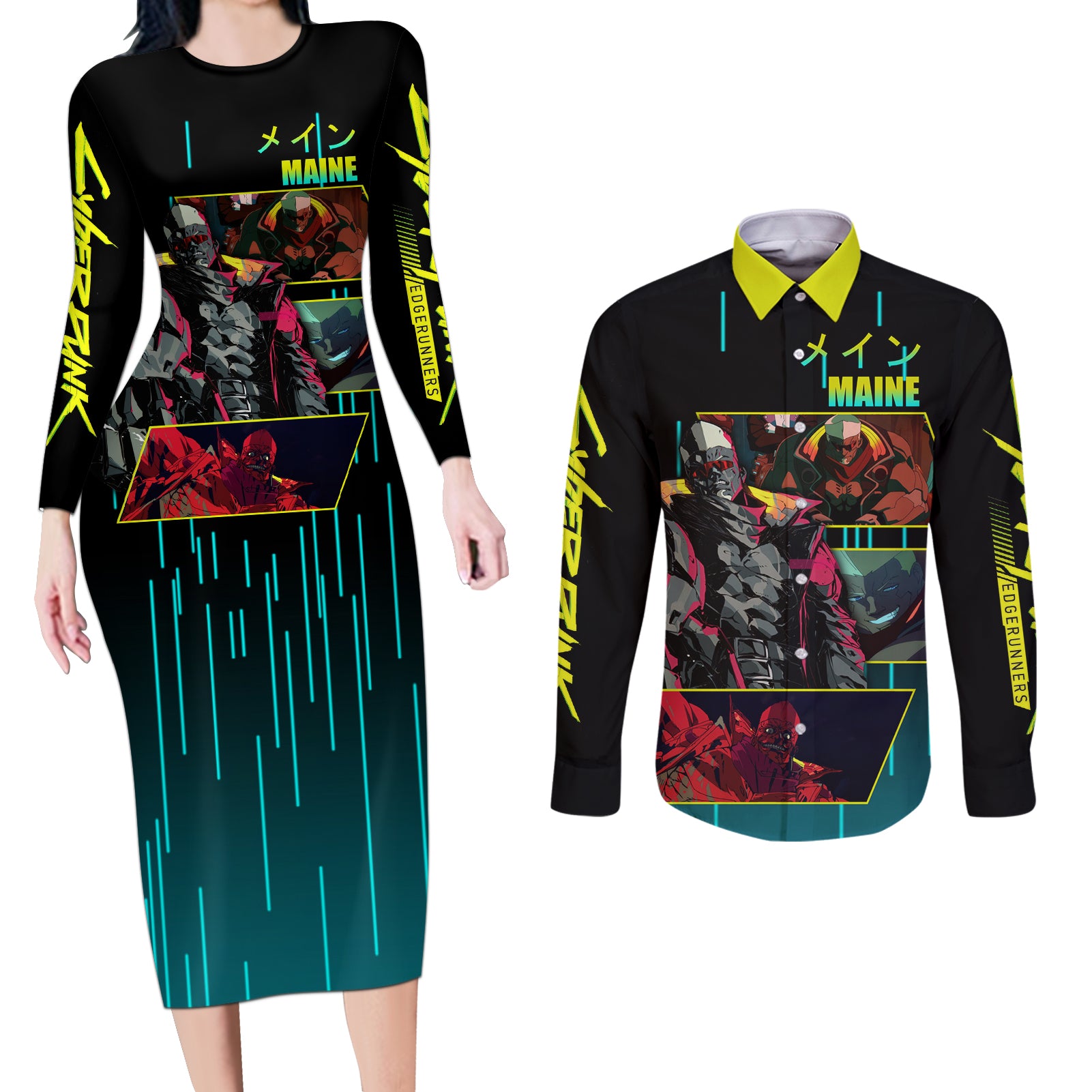 Cyberpunk Maine Couples Matching Long Sleeve Bodycon Dress and Long Sleeve Button Shirt