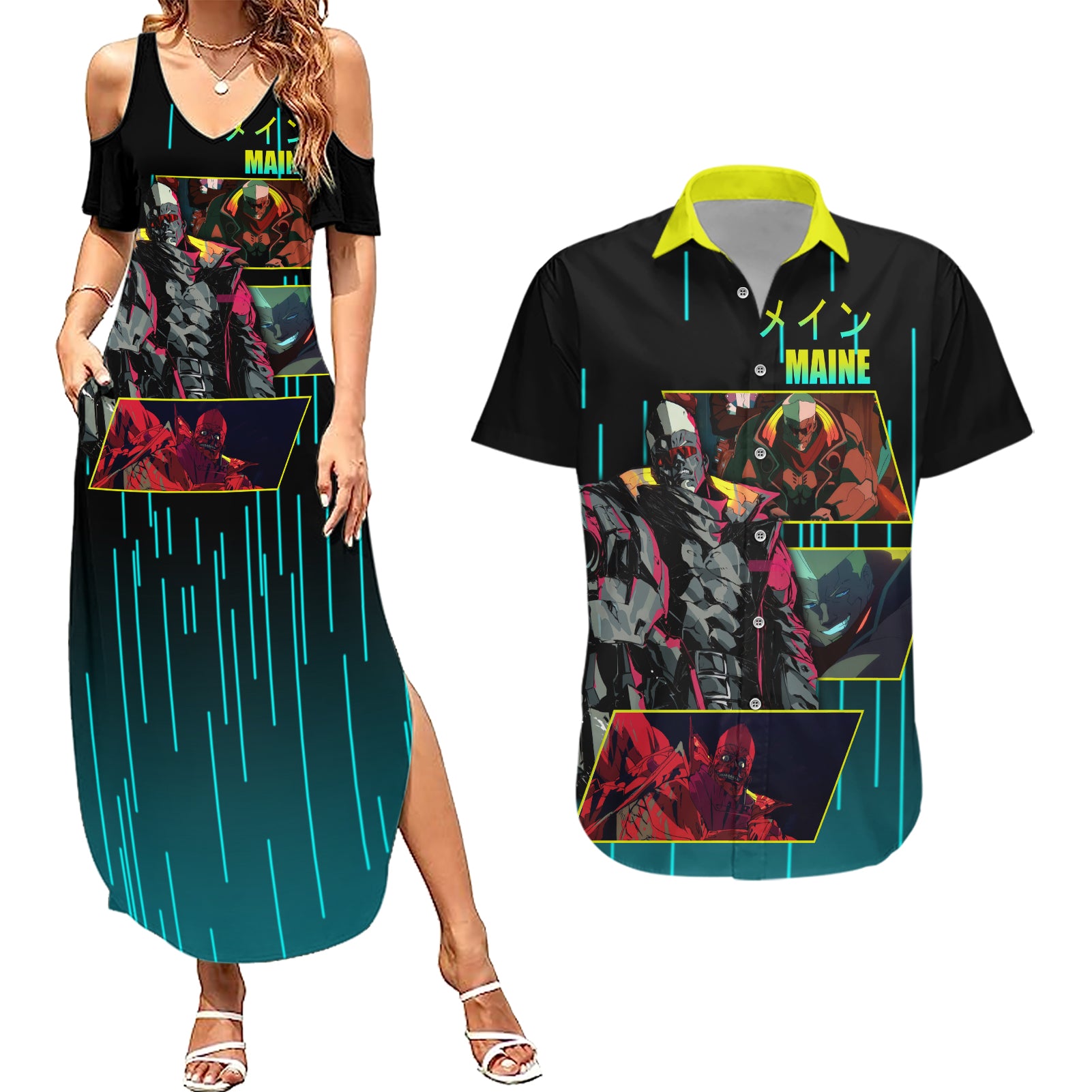 Cyberpunk Maine Couples Matching Summer Maxi Dress and Hawaiian Shirt