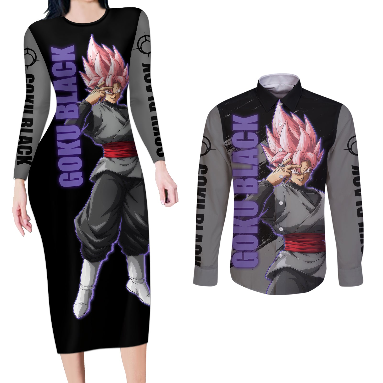 Goku Black Rose Couples Matching Long Sleeve Bodycon Dress and Long Sleeve Button Shirt