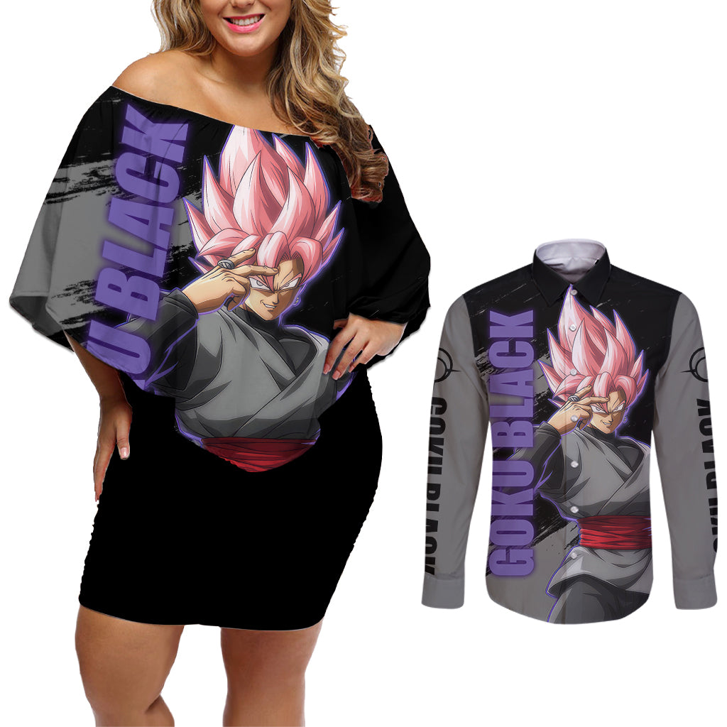 Goku Black Rose Couples Matching Off Shoulder Short Dress and Long Sleeve Button Shirt