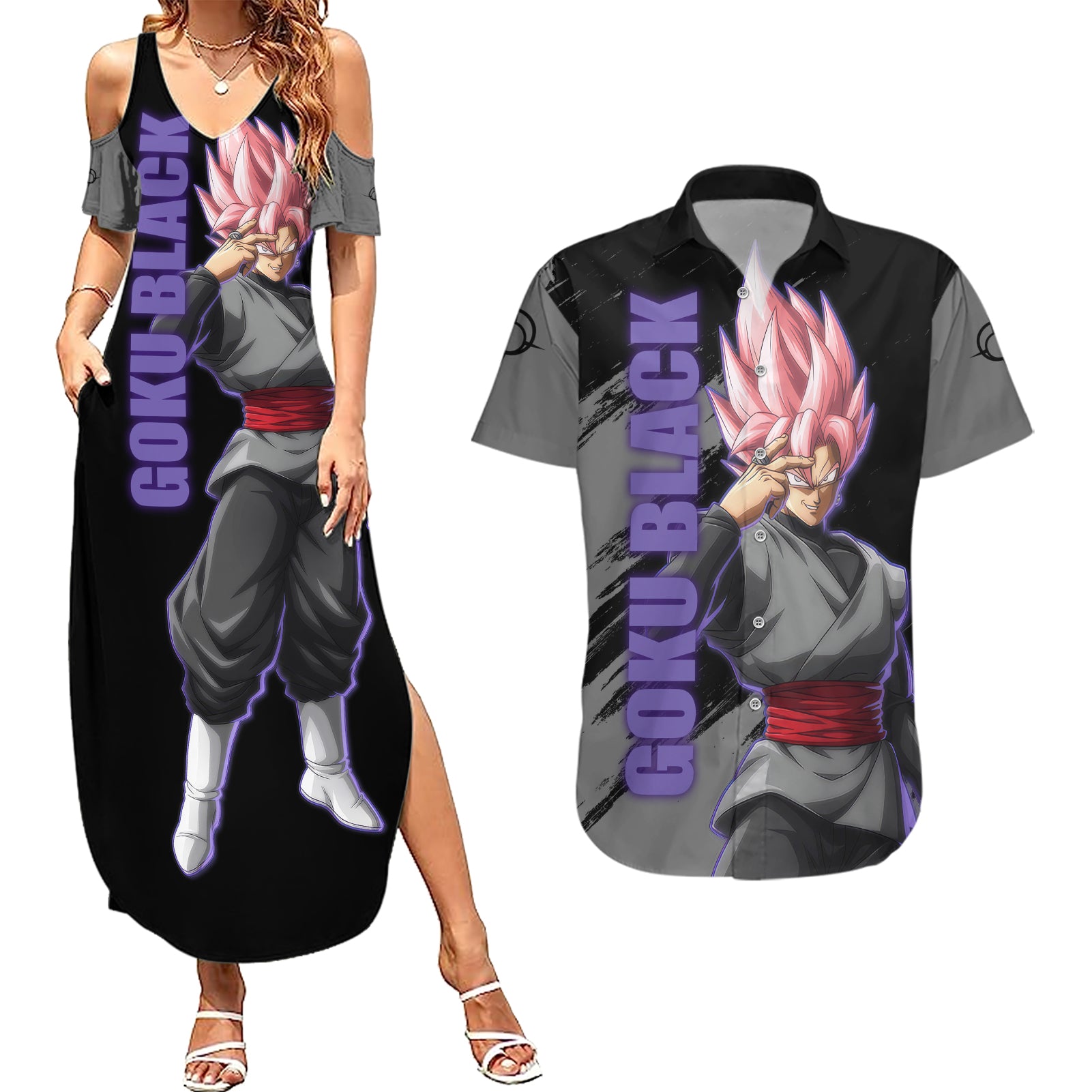 Goku Black Rose Couples Matching Summer Maxi Dress and Hawaiian Shirt