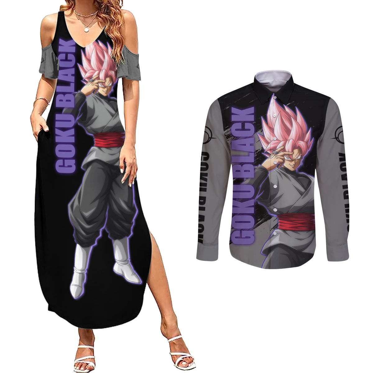 Goku Black Rose Couples Matching Summer Maxi Dress and Long Sleeve Button Shirt