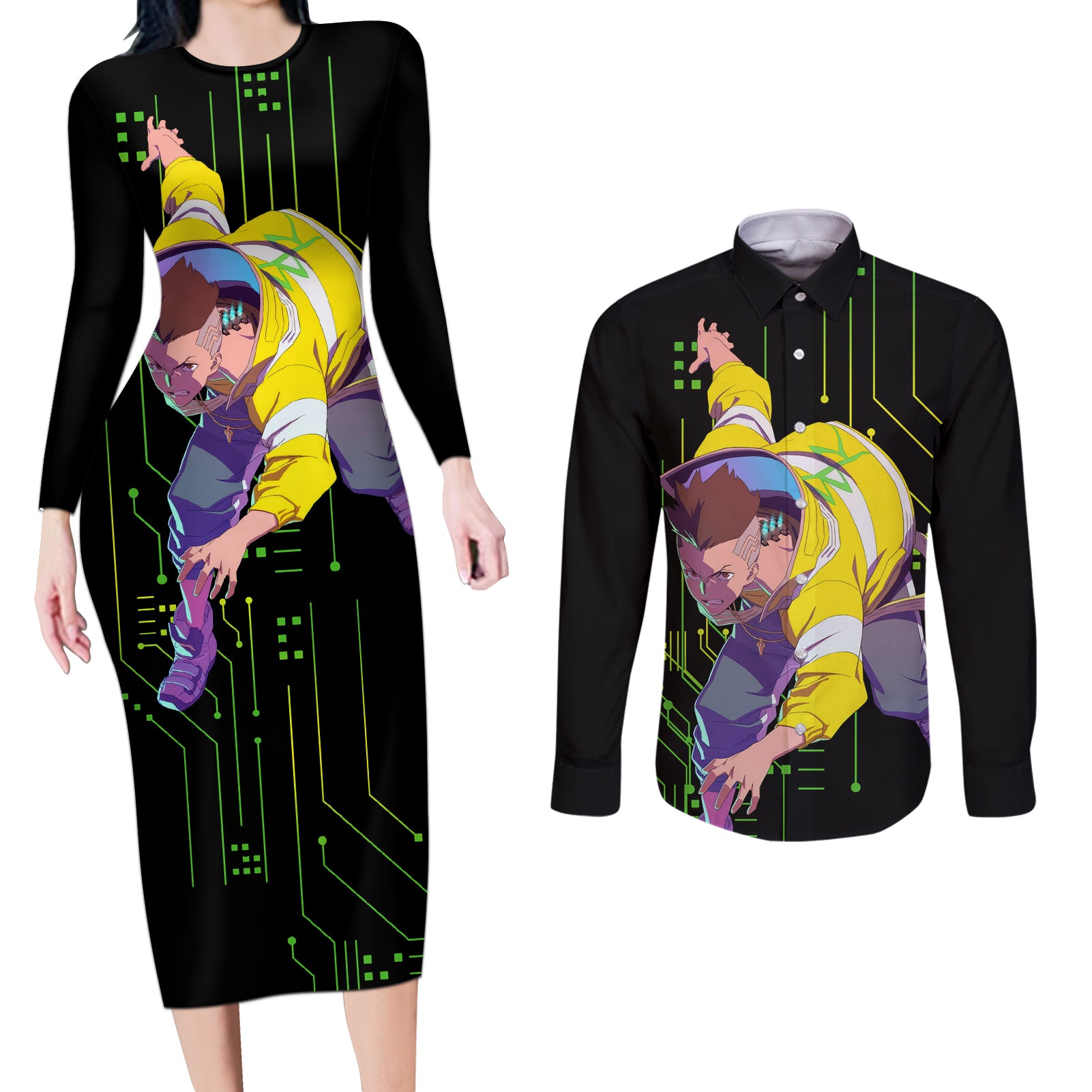 Cyberpunk David Martinez Couples Matching Long Sleeve Bodycon Dress and Long Sleeve Button Shirt