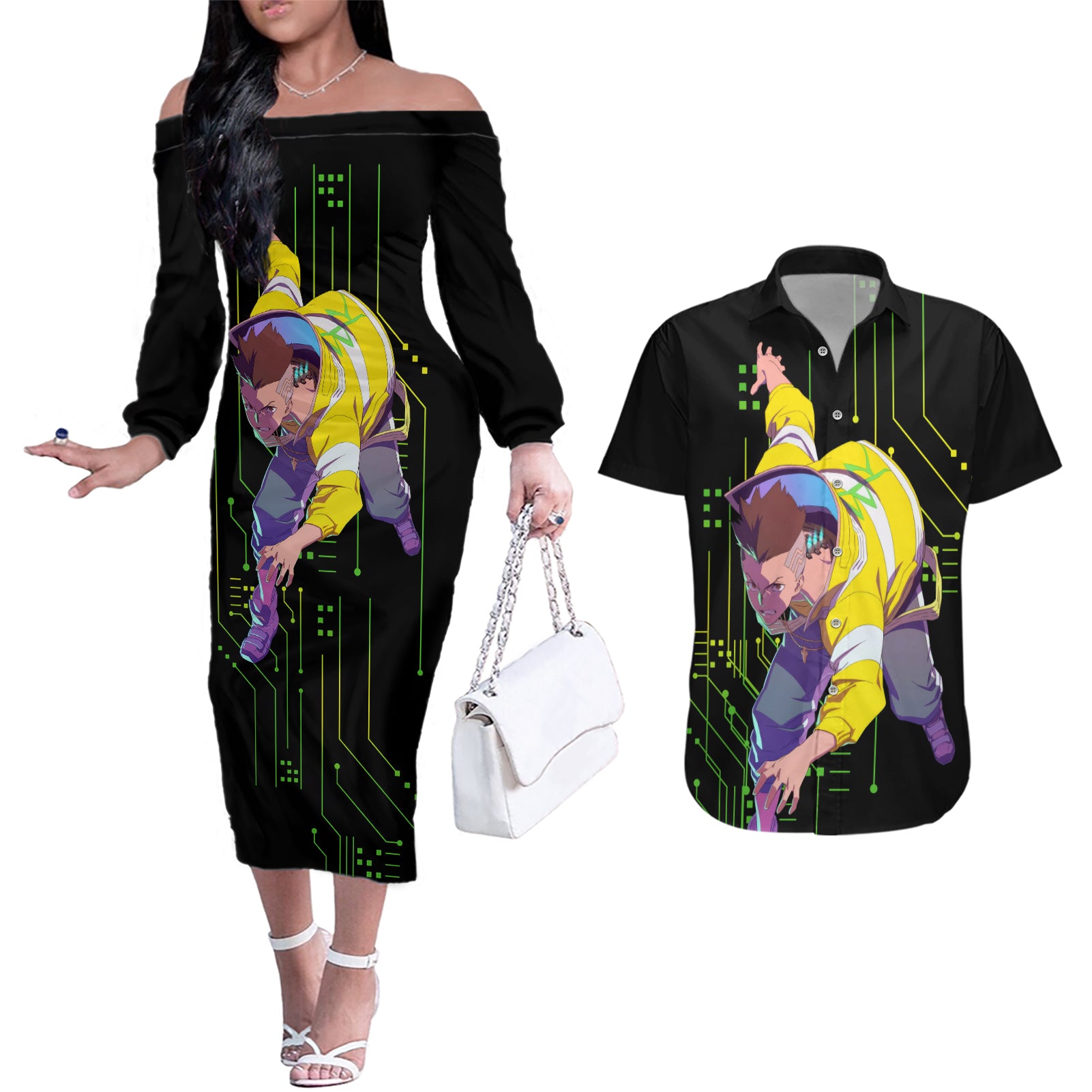 Cyberpunk David Martinez Couples Matching Off The Shoulder Long Sleeve Dress and Hawaiian Shirt