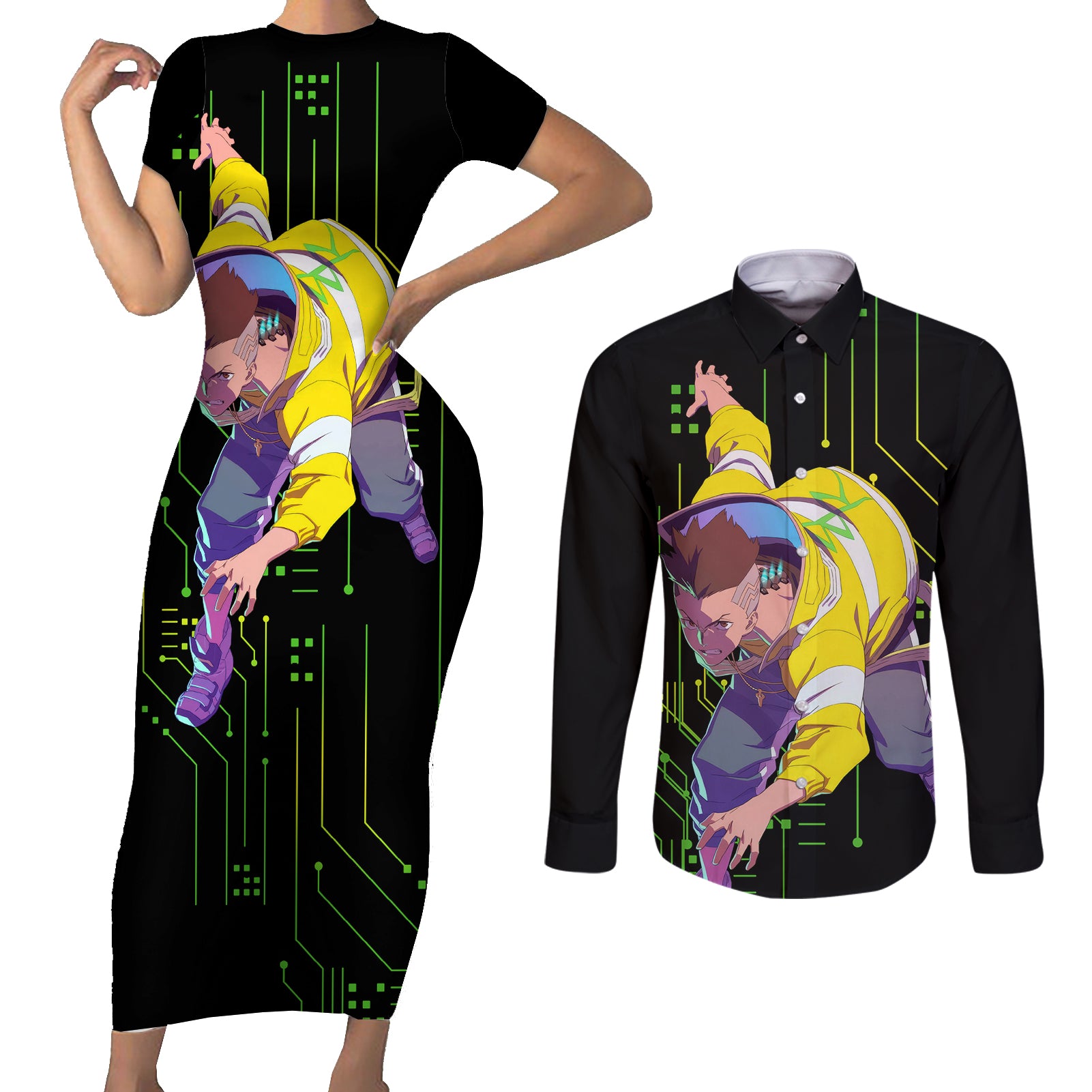 Cyberpunk David Martinez Couples Matching Short Sleeve Bodycon Dress and Long Sleeve Button Shirt