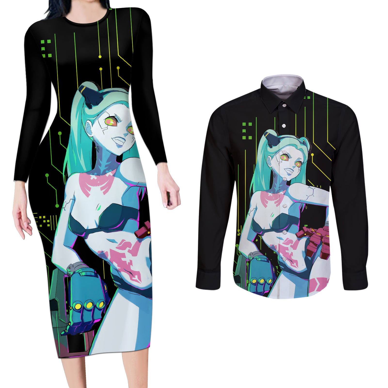 Cyberpunk Rebecca Couples Matching Long Sleeve Bodycon Dress and Long Sleeve Button Shirt