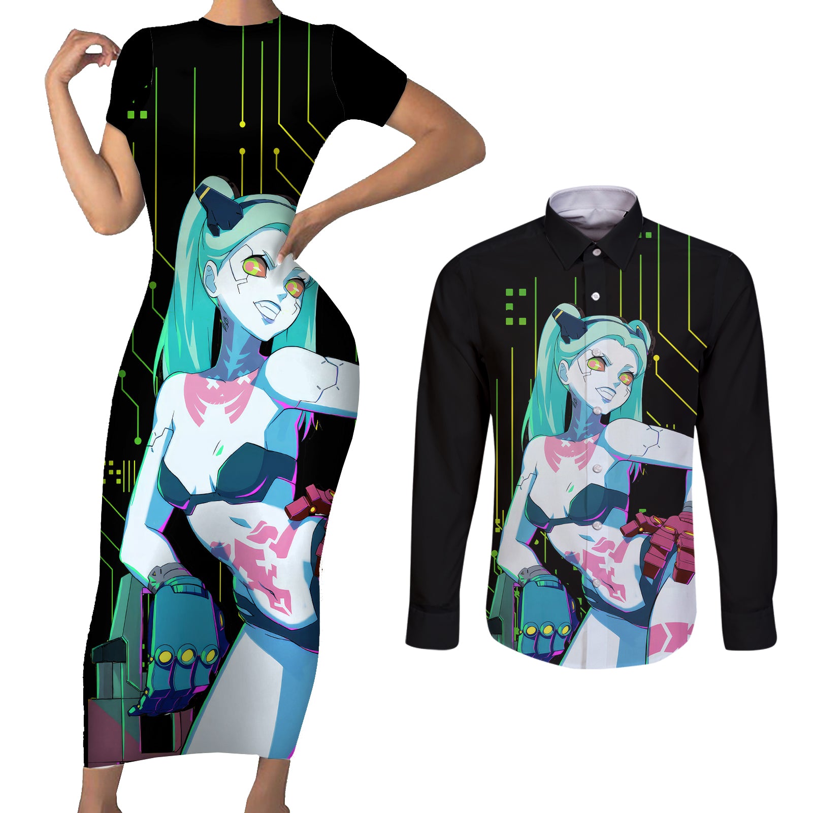 Cyberpunk Rebecca Couples Matching Short Sleeve Bodycon Dress and Long Sleeve Button Shirt