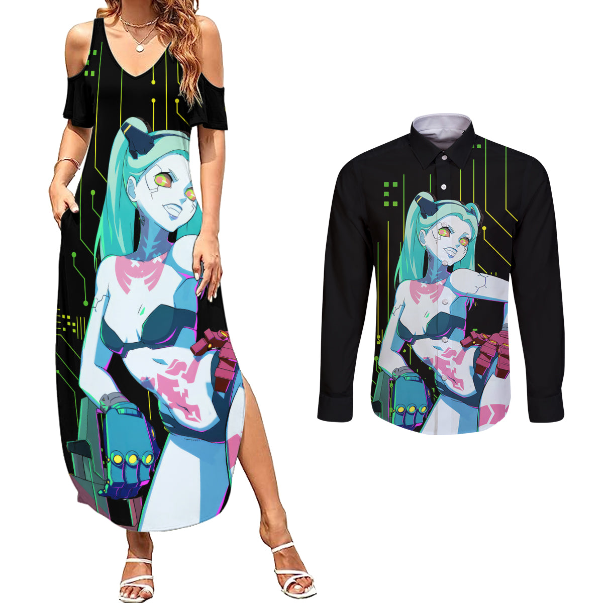 Cyberpunk Rebecca Couples Matching Summer Maxi Dress and Long Sleeve Button Shirt