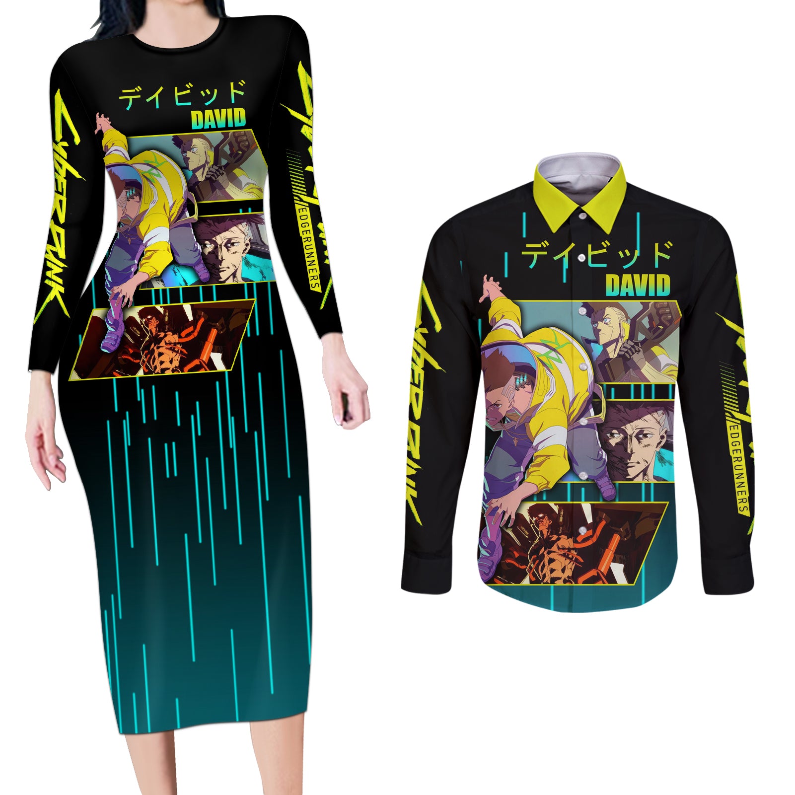 Cyberpunk David Martinez Couples Matching Long Sleeve Bodycon Dress and Long Sleeve Button Shirt