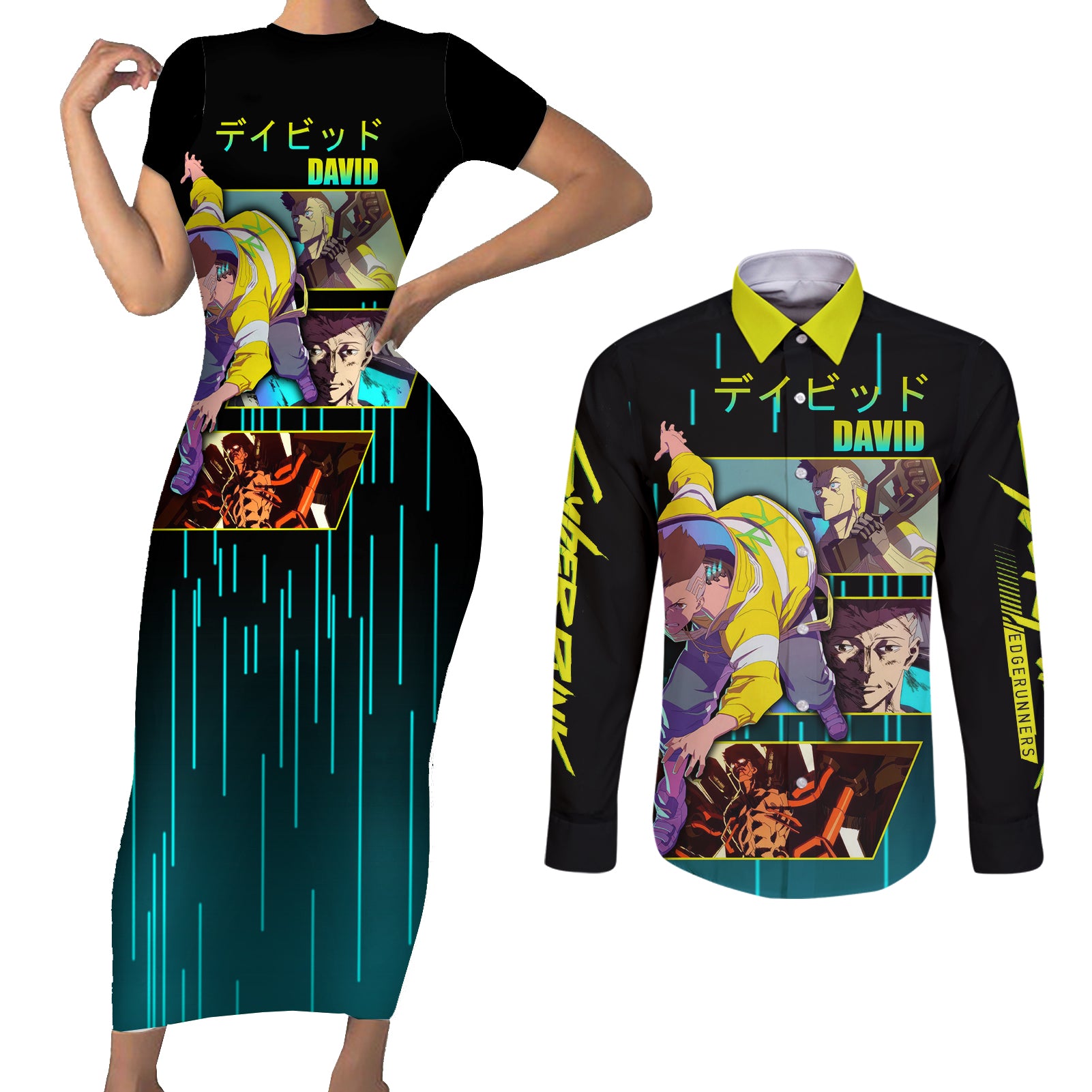 Cyberpunk David Martinez Couples Matching Short Sleeve Bodycon Dress and Long Sleeve Button Shirt