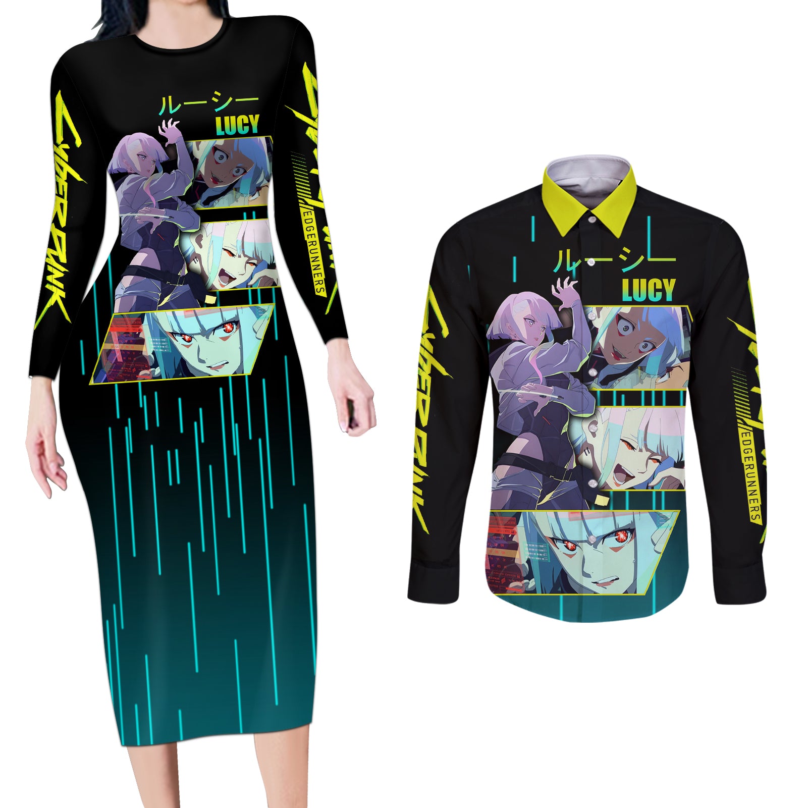 Cyberpunk Lucy Couples Matching Long Sleeve Bodycon Dress and Long Sleeve Button Shirt