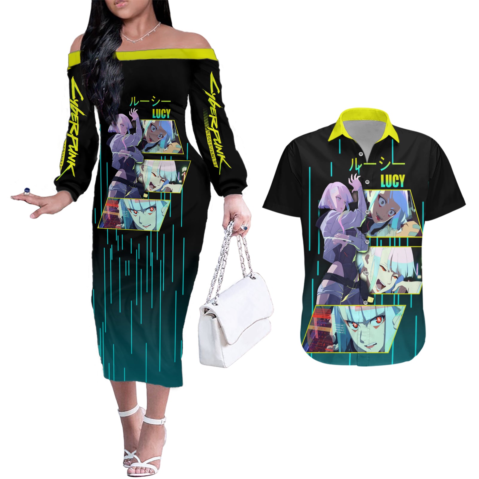 Cyberpunk Lucy Couples Matching Off The Shoulder Long Sleeve Dress and Hawaiian Shirt