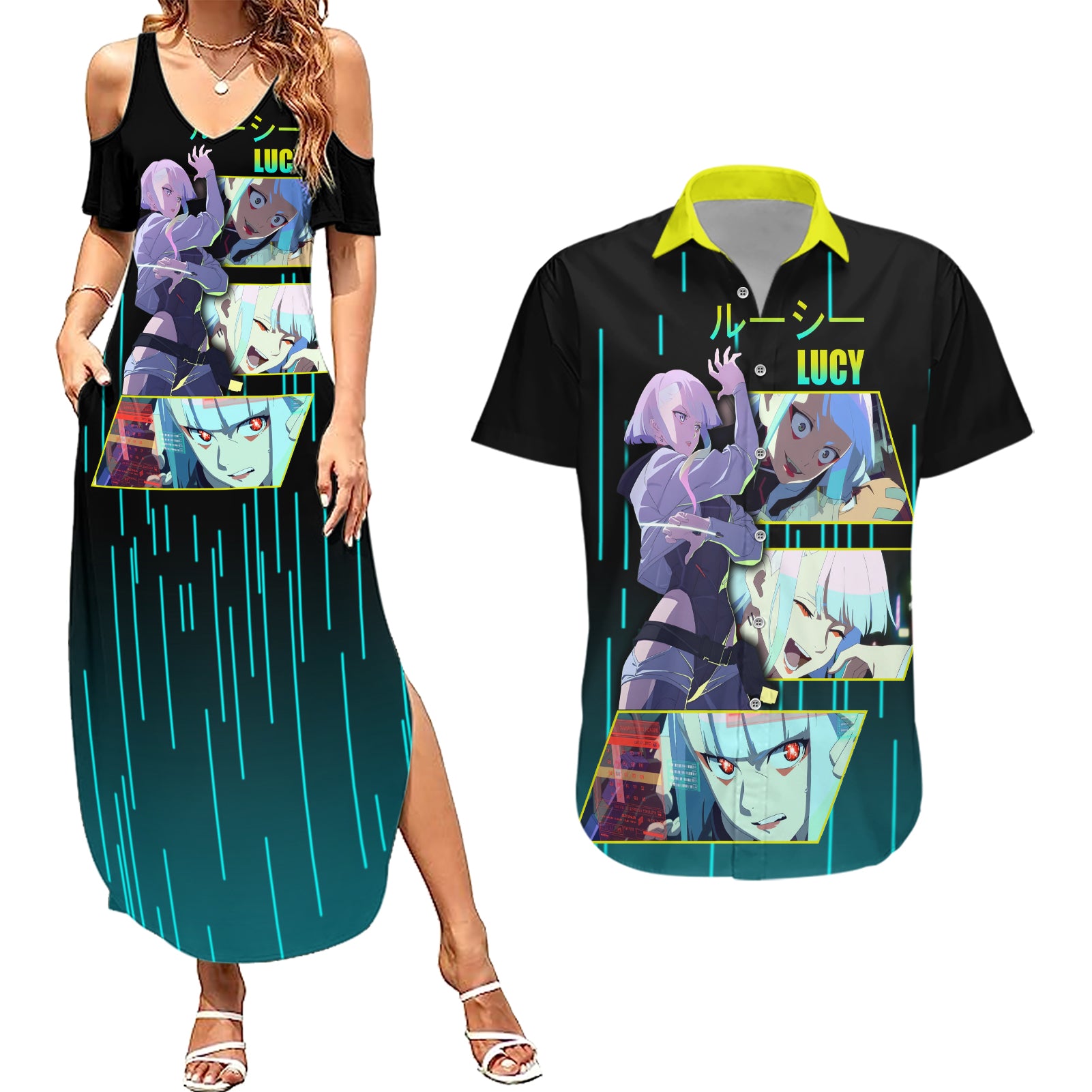 Cyberpunk Lucy Couples Matching Summer Maxi Dress and Hawaiian Shirt