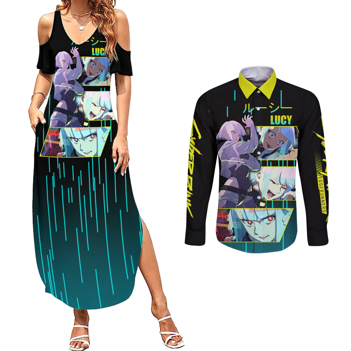 Cyberpunk Lucy Couples Matching Summer Maxi Dress and Long Sleeve Button Shirt