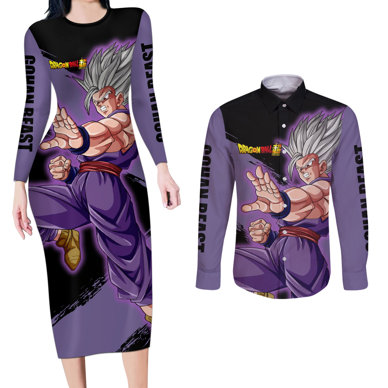 Gohan Beast - Dragon Ball Couples Matching Long Sleeve Bodycon Dress and Long Sleeve Button Shirt