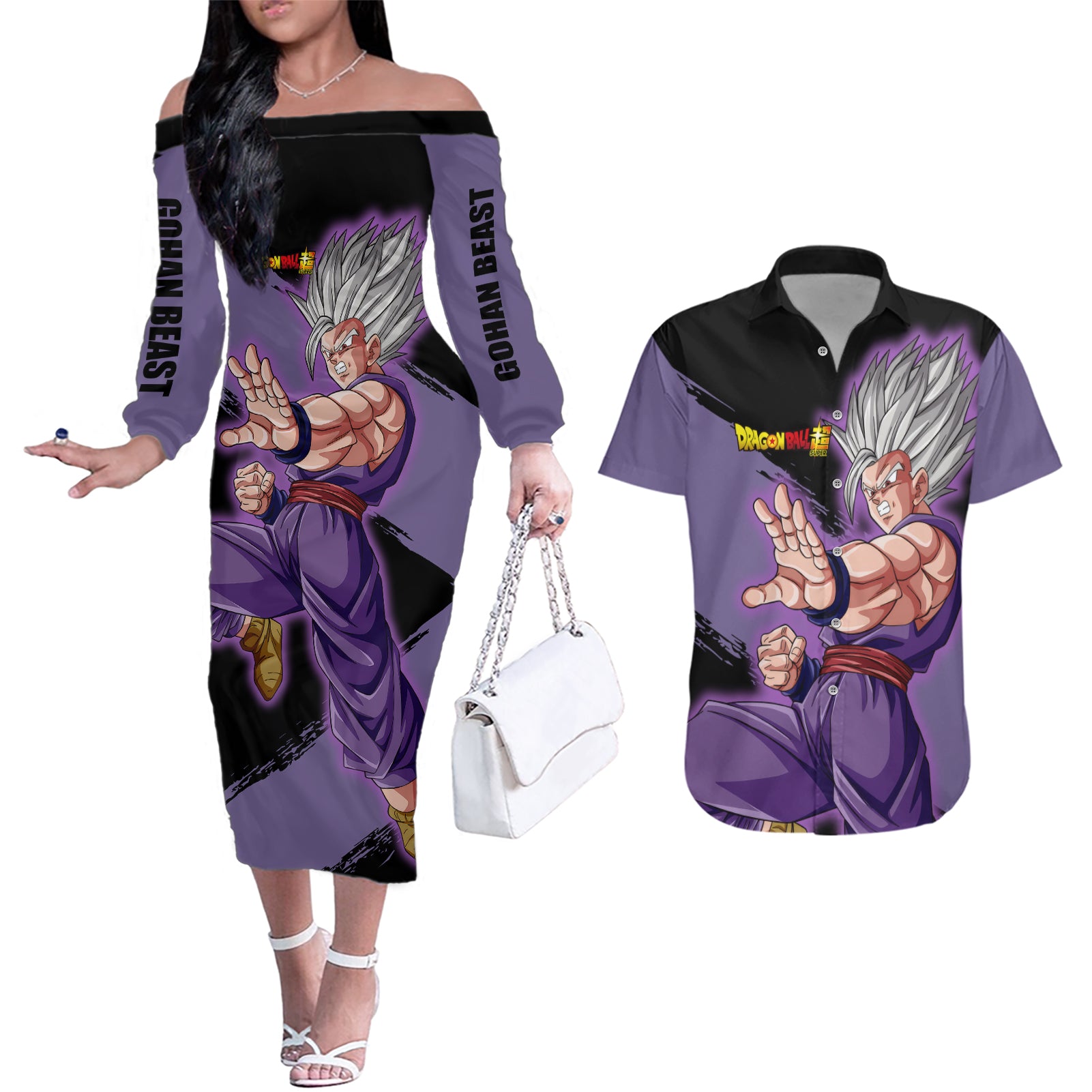 Gohan Beast - Dragon Ball Couples Matching Off The Shoulder Long Sleeve Dress and Hawaiian Shirt