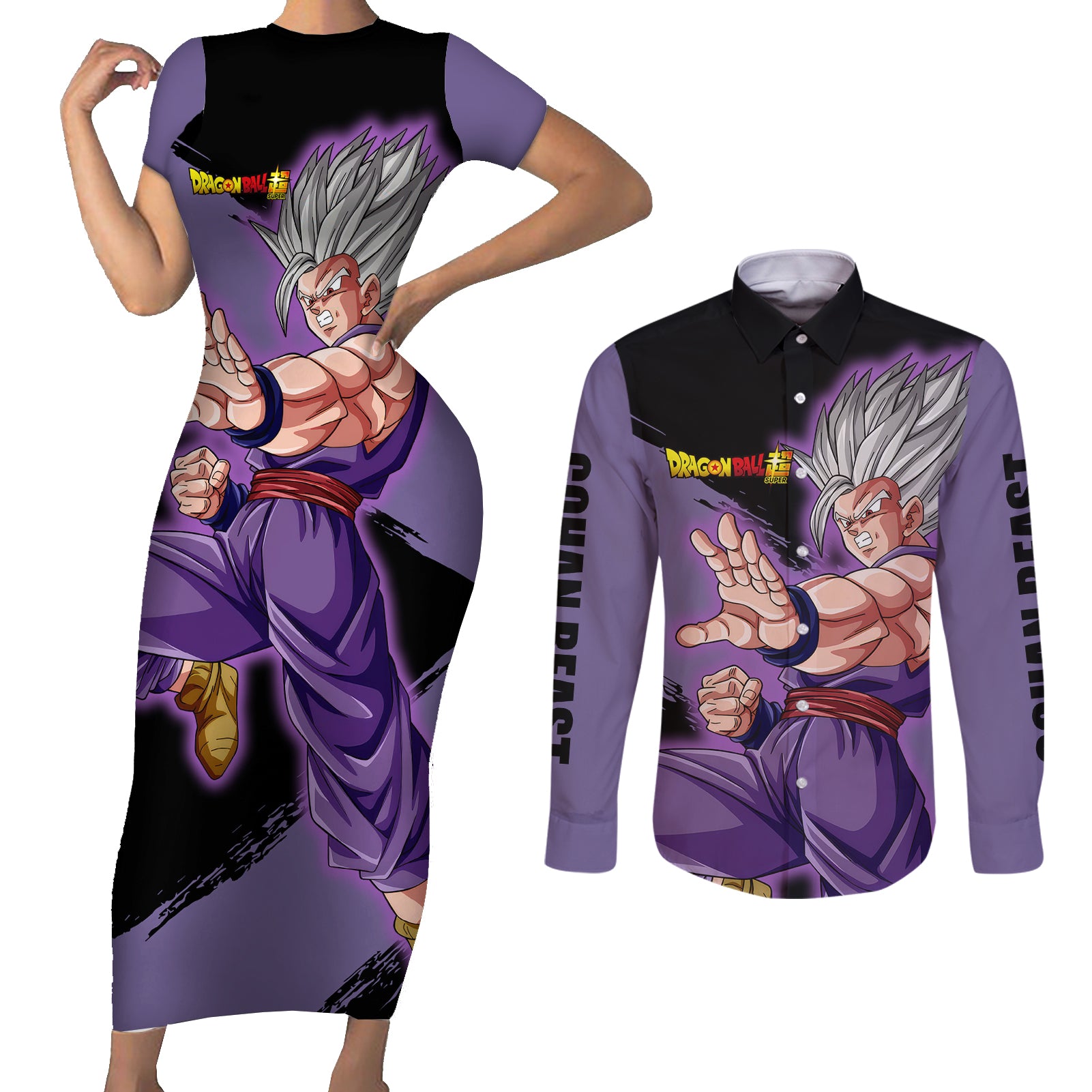 Gohan Beast - Dragon Ball Couples Matching Short Sleeve Bodycon Dress and Long Sleeve Button Shirt