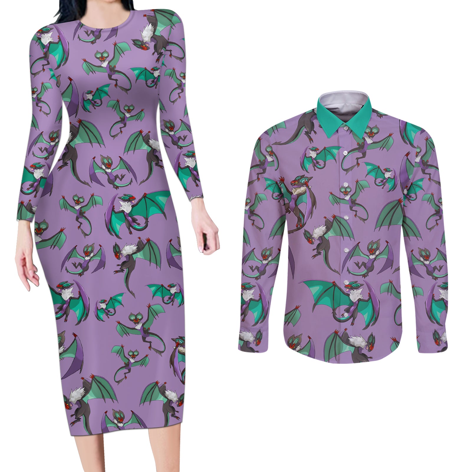 Noivern Pattern Style Couples Matching Long Sleeve Bodycon Dress and Long Sleeve Button Shirt