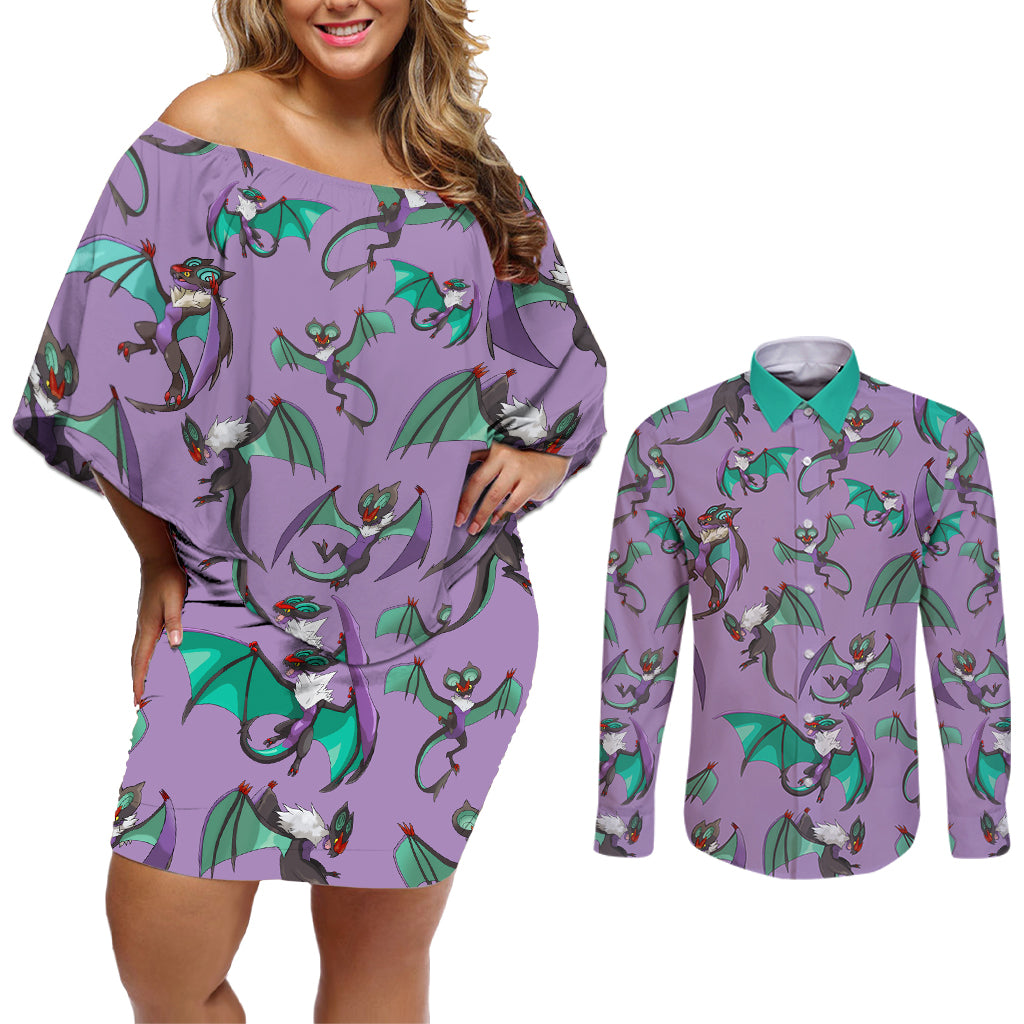 Noivern Pattern Style Couples Matching Off Shoulder Short Dress and Long Sleeve Button Shirt