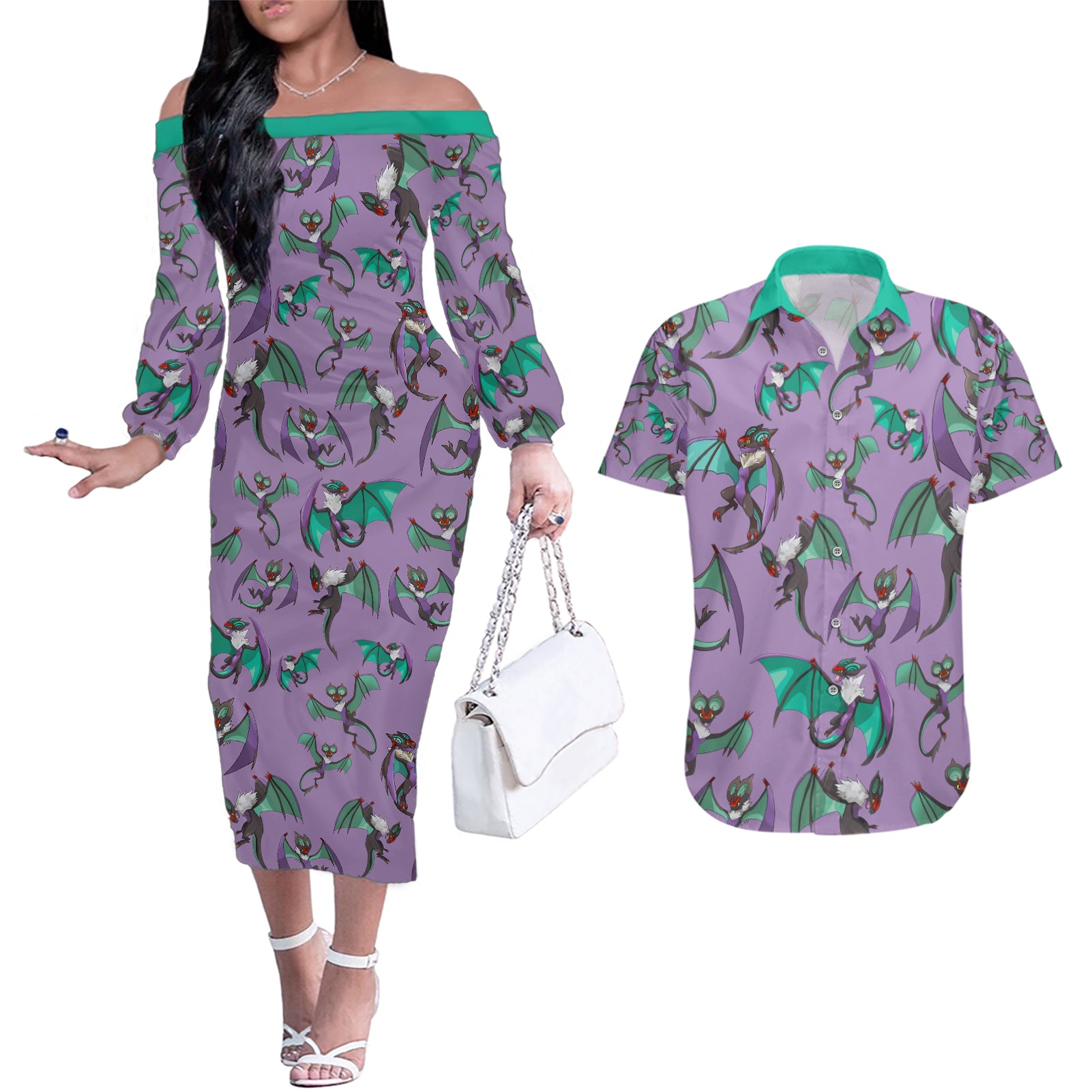 Noivern Pattern Style Couples Matching Off The Shoulder Long Sleeve Dress and Hawaiian Shirt