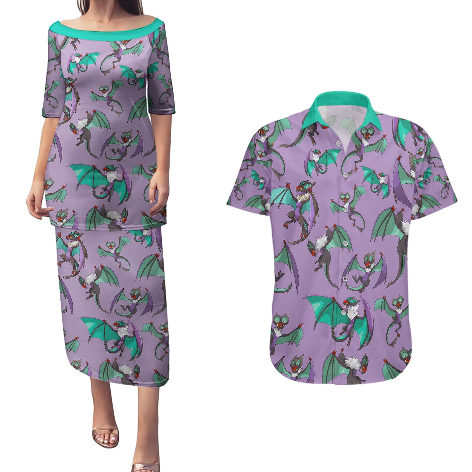 Noivern Pattern Style Couples Matching Puletasi and Hawaiian Shirt