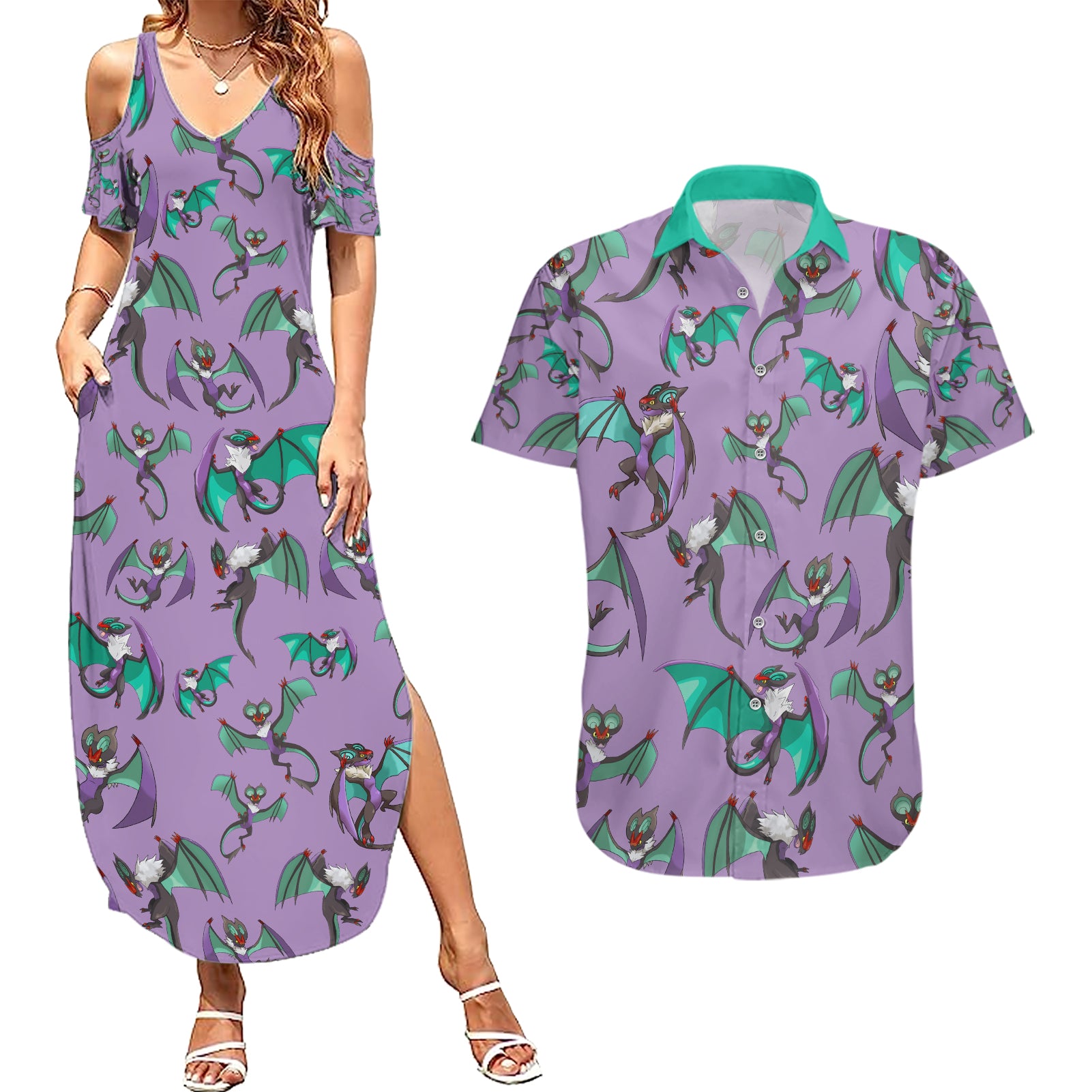 Noivern Pattern Style Couples Matching Summer Maxi Dress and Hawaiian Shirt