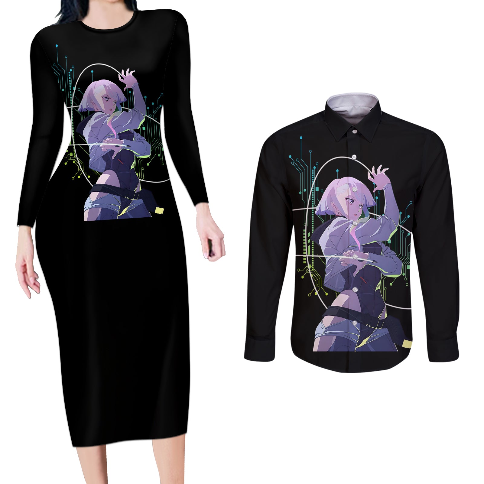 Cyberpunk Lucy - Anime Cyberpunk Couples Matching Long Sleeve Bodycon Dress and Long Sleeve Button Shirt