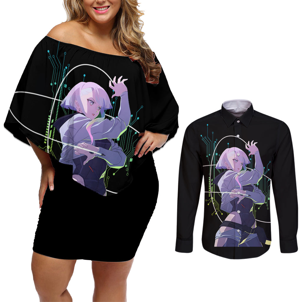 Cyberpunk Lucy - Anime Cyberpunk Couples Matching Off Shoulder Short Dress and Long Sleeve Button Shirt