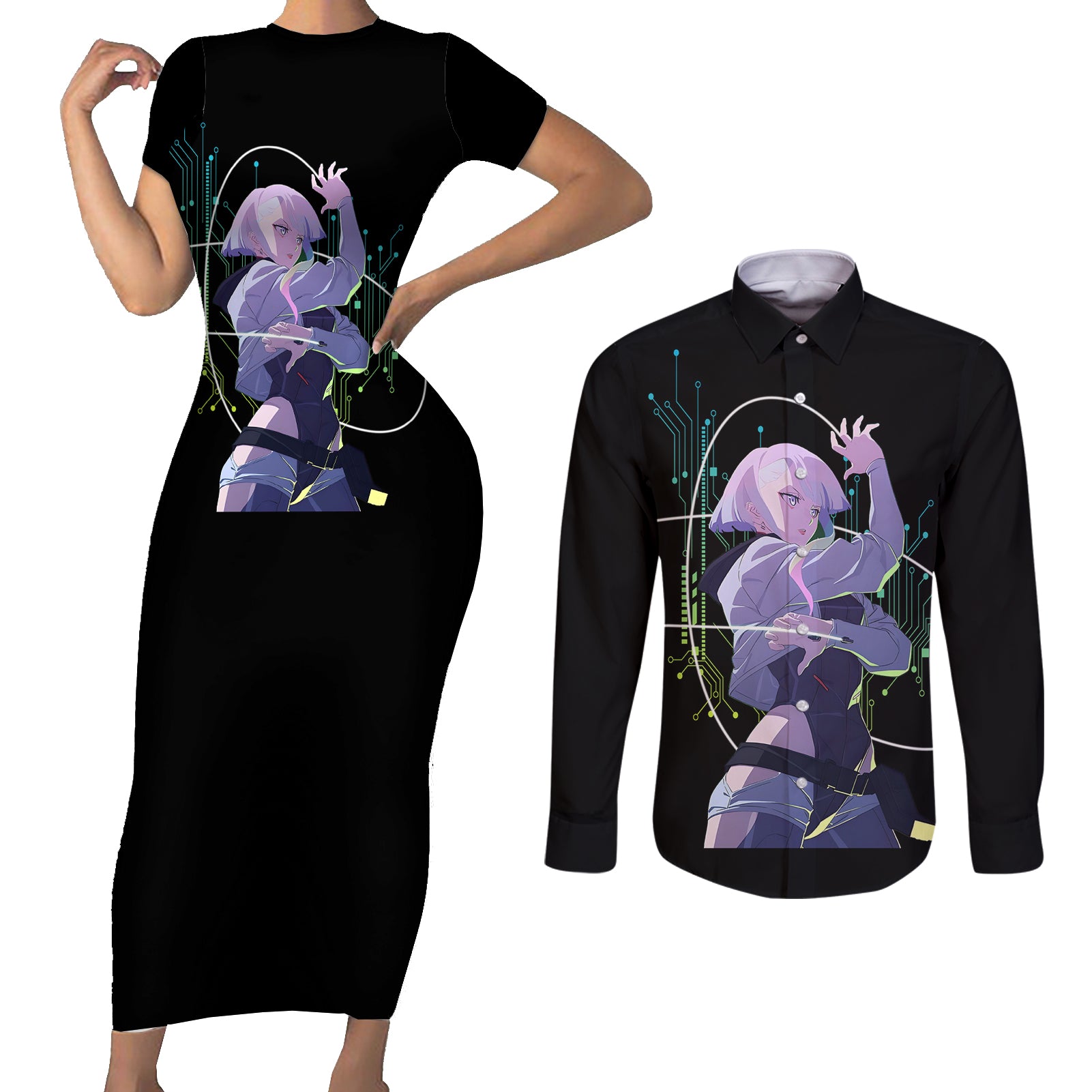 Cyberpunk Lucy - Anime Cyberpunk Couples Matching Short Sleeve Bodycon Dress and Long Sleeve Button Shirt