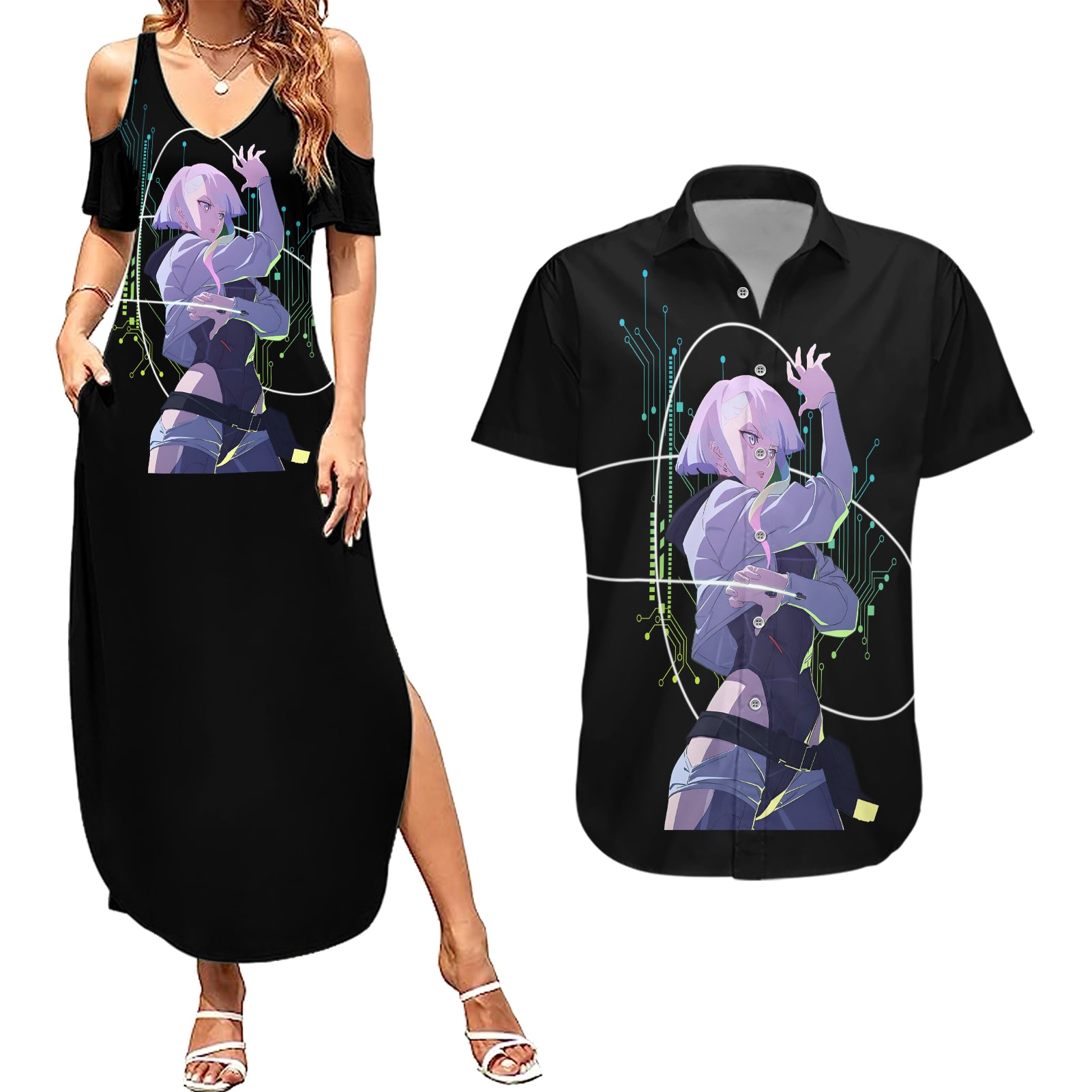 Cyberpunk Lucy - Anime Cyberpunk Couples Matching Summer Maxi Dress and Hawaiian Shirt