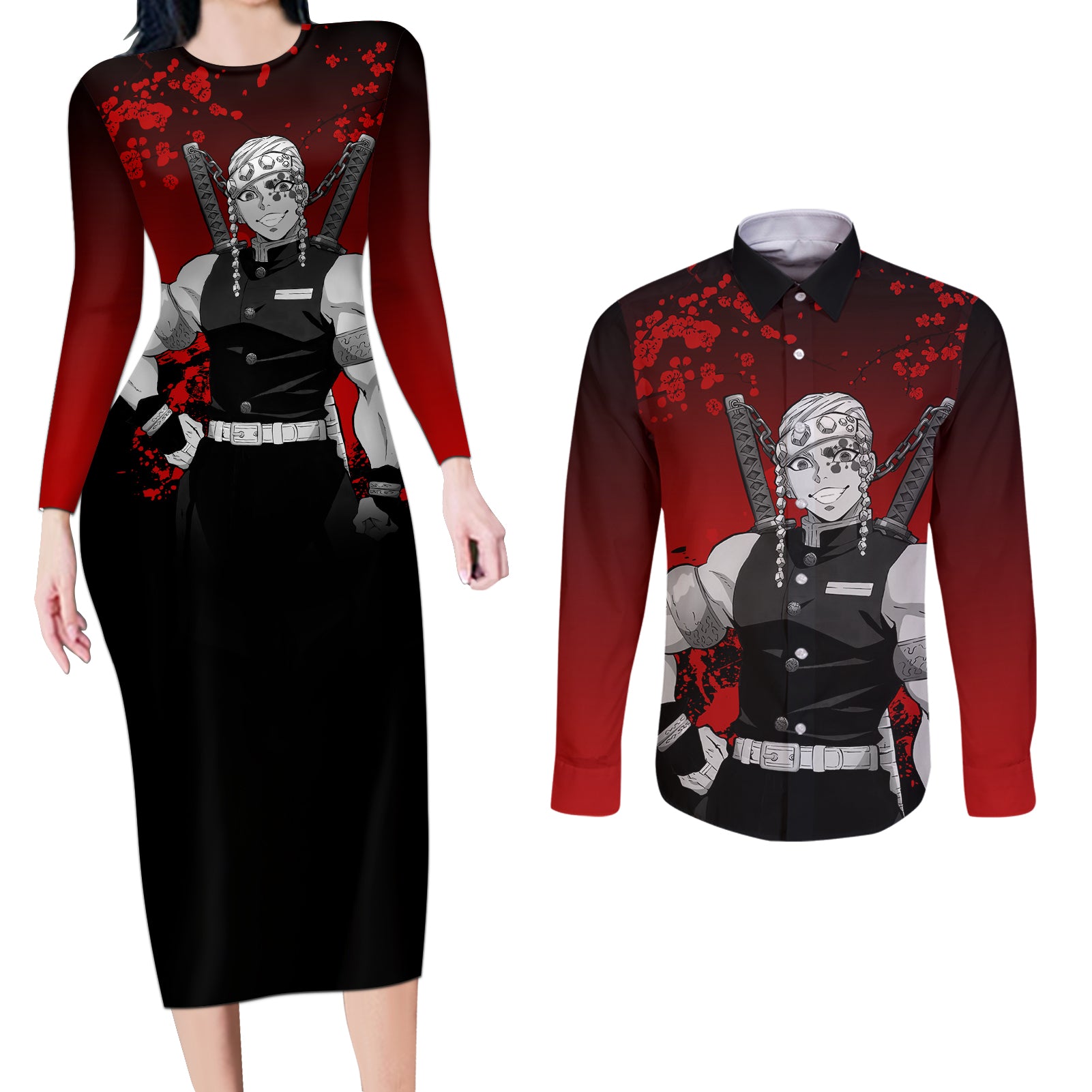 Tengen Uzui Japan Art Couples Matching Long Sleeve Bodycon Dress and Long Sleeve Button Shirt