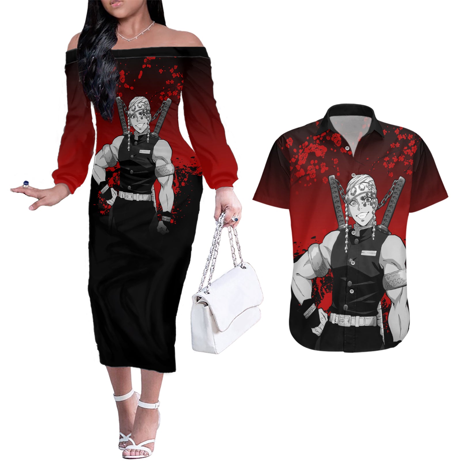 Tengen Uzui Japan Art Couples Matching Off The Shoulder Long Sleeve Dress and Hawaiian Shirt