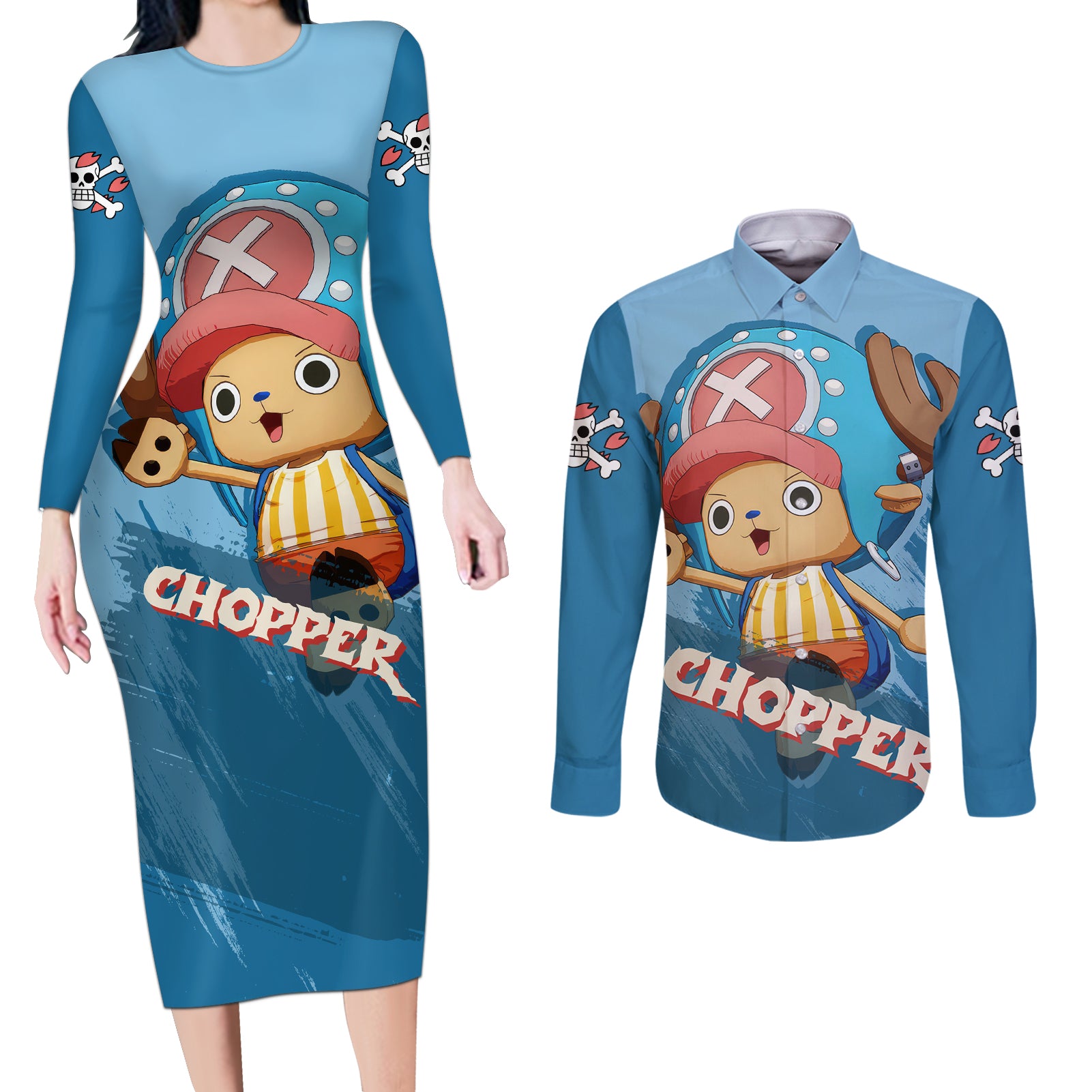 Tony Tony Chopper Couples Matching Long Sleeve Bodycon Dress and Long Sleeve Button Shirt