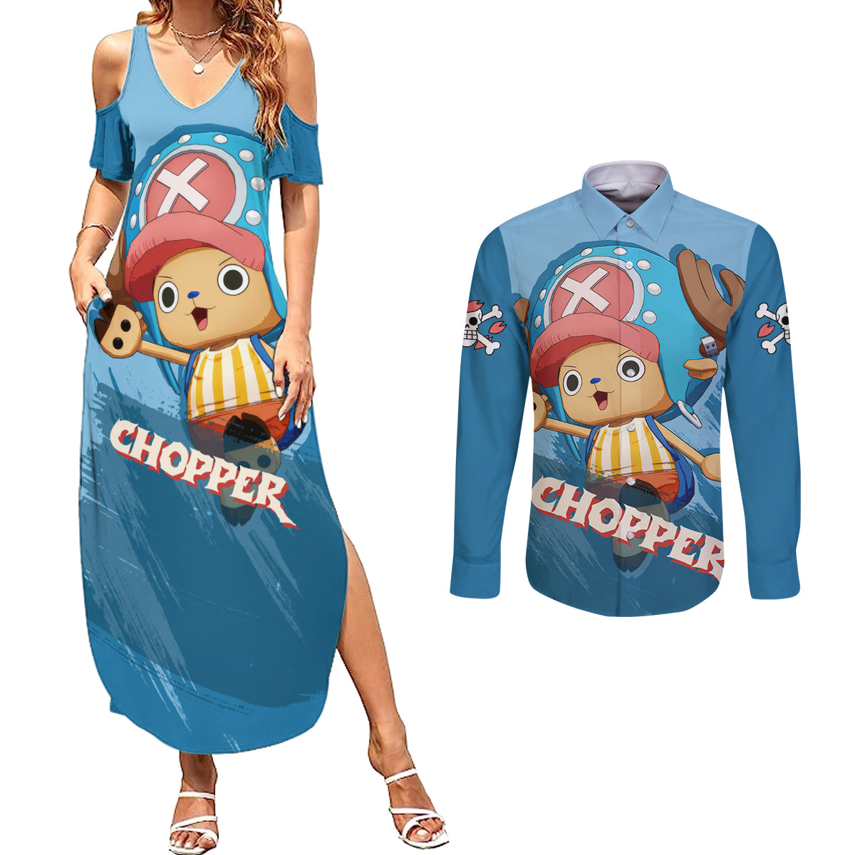 Tony Tony Chopper Couples Matching Summer Maxi Dress and Long Sleeve Button Shirt